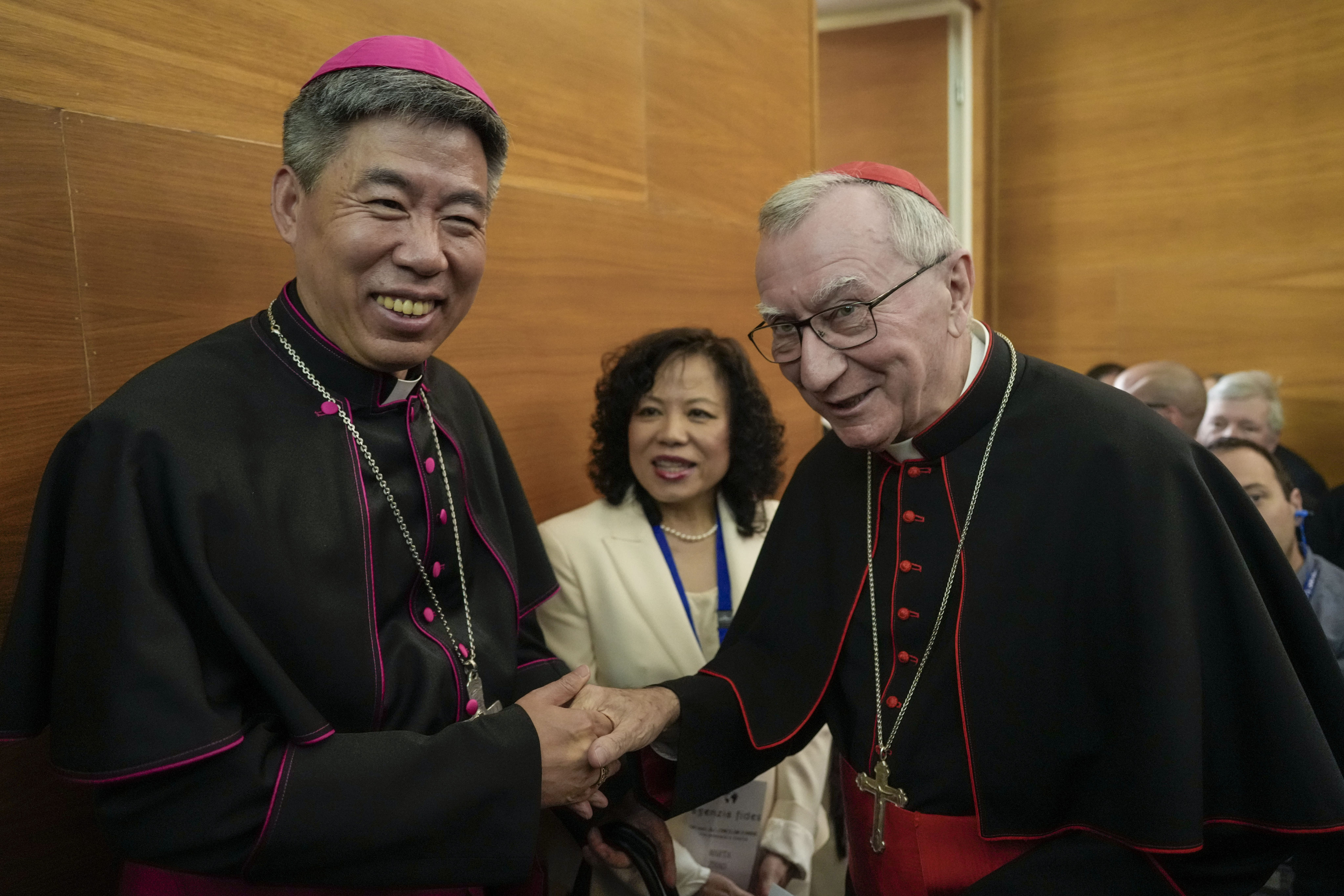 Shanghai Bishop Joseph Shen Bin with the Vatican Secretary of State, Cardinal Pietro Parolin, in Rome on Tuesday. Photo: AP