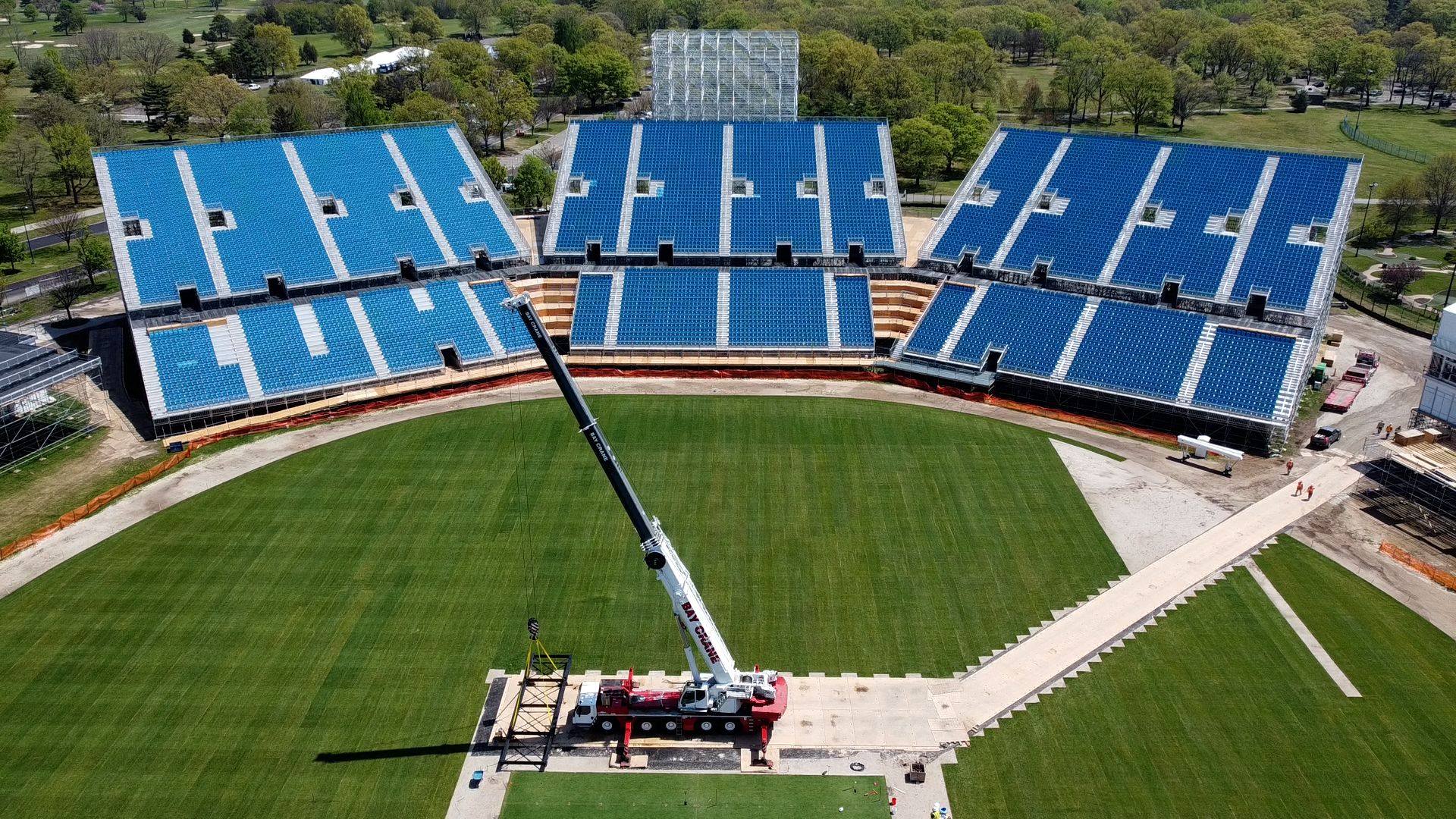 The Nassau County International Cricket Stadium under construction in Eisenhower Park in New York. The 34,000-capacity stadium will host eight games, including the hotly anticipated India-Pakistan clash on June 9. Photo: AFP