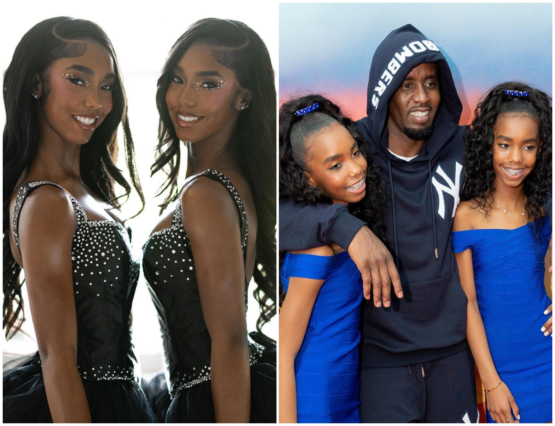The Combs twins D’Lila and Jessie Combs lost their mum when they were 11, and now their father Diddy is facing allegations of trafficking and abuse. Photos: @the_combs_twins/Instagram, Diddy/Facebook