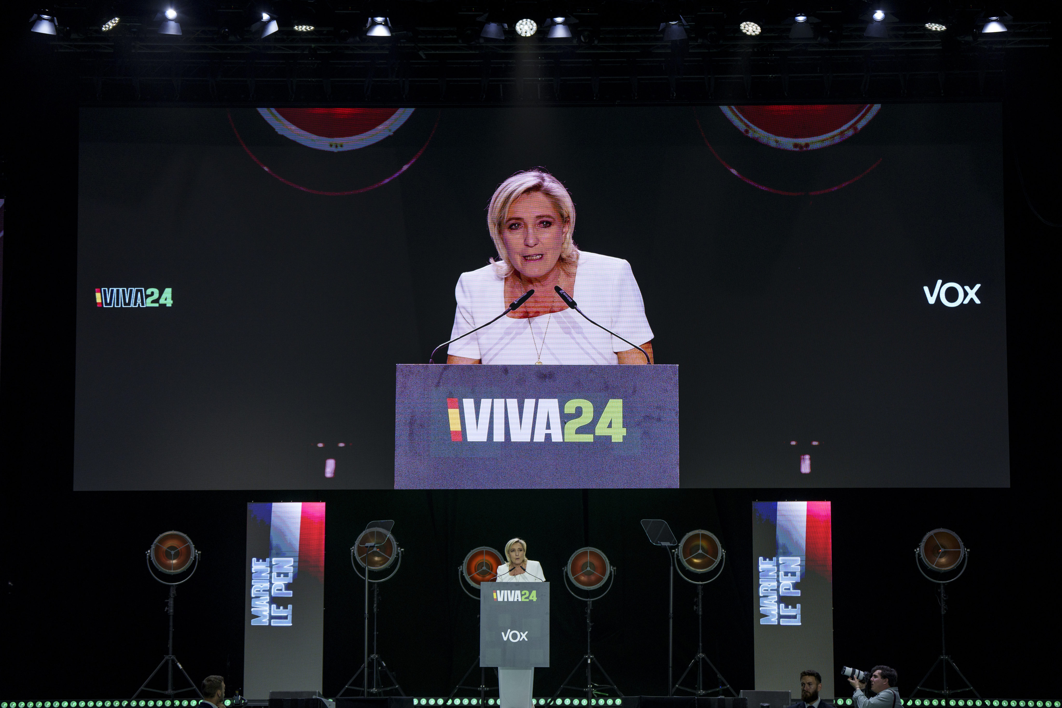 French far-right National Rally party leader Marine Le Pen gives a speech during the Spanish far-right wing party Vox’s rally in Madrid on Sunday. Photo: AP