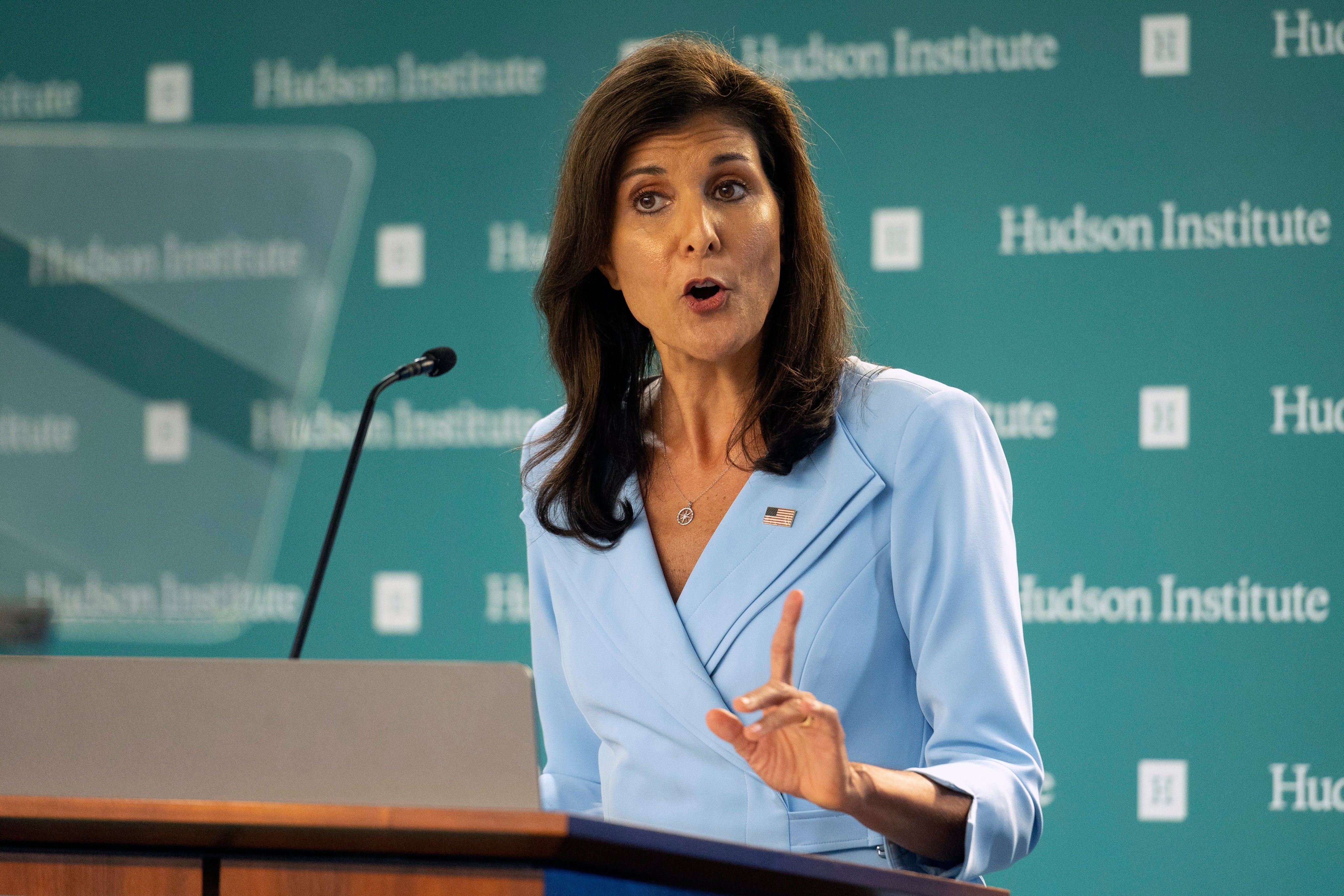 Former UN ambassador Nikki Haley speaks at the Hudson Institute in Washington on Wednesday. Photo: AP
