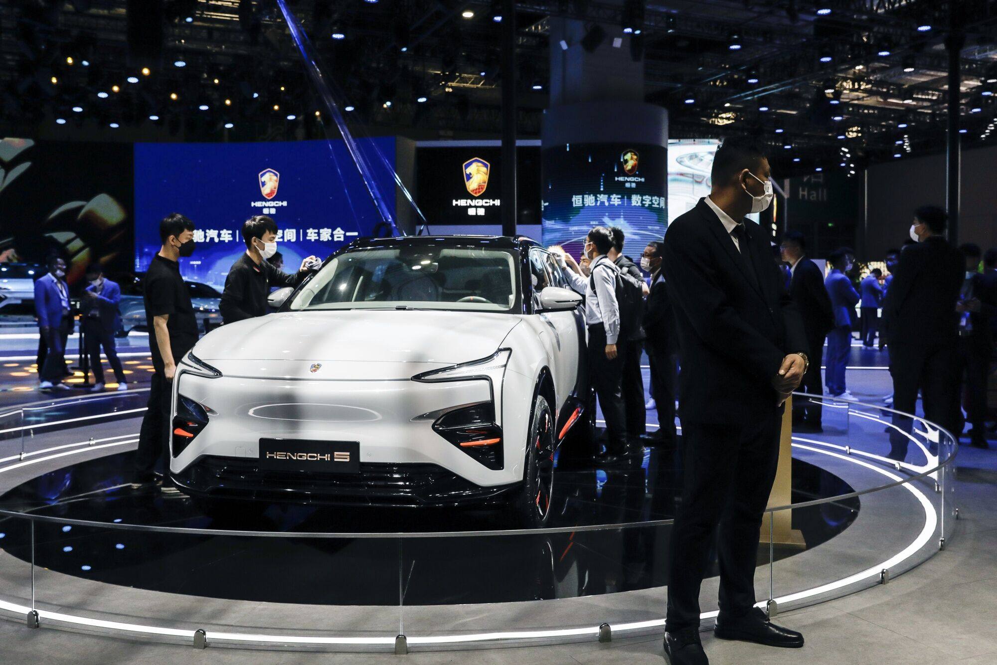 Evergrande NEV’s Hengchi 5 electric vehicle is displayed at the Shanghai car show in April 2021. Photo: Bloomberg