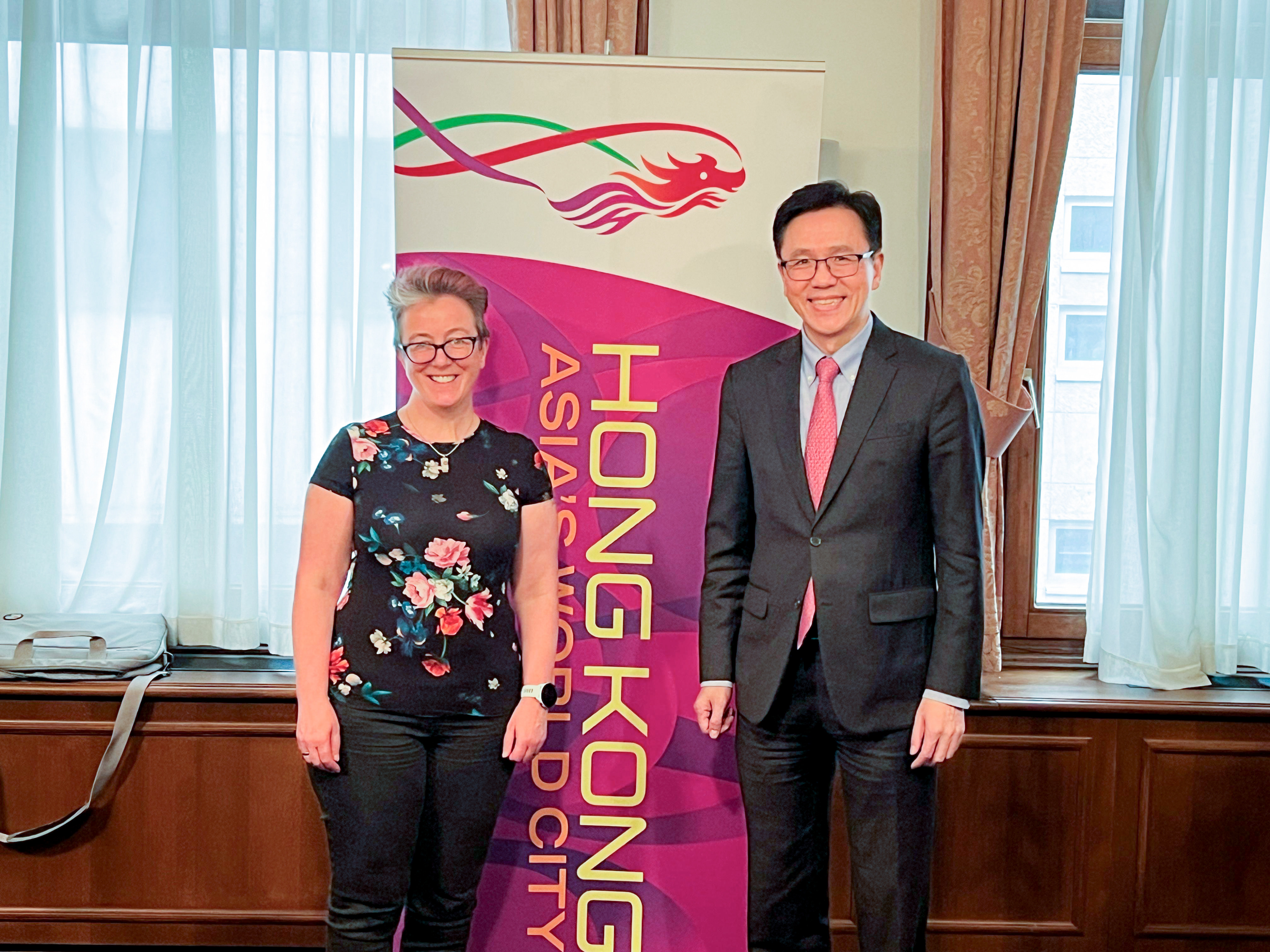 Hong Kong innovation chief Sun Dong (right) has met Claire Skentelbery, director general of European Association for Bioindustries, in Brussels. Photo: Handout