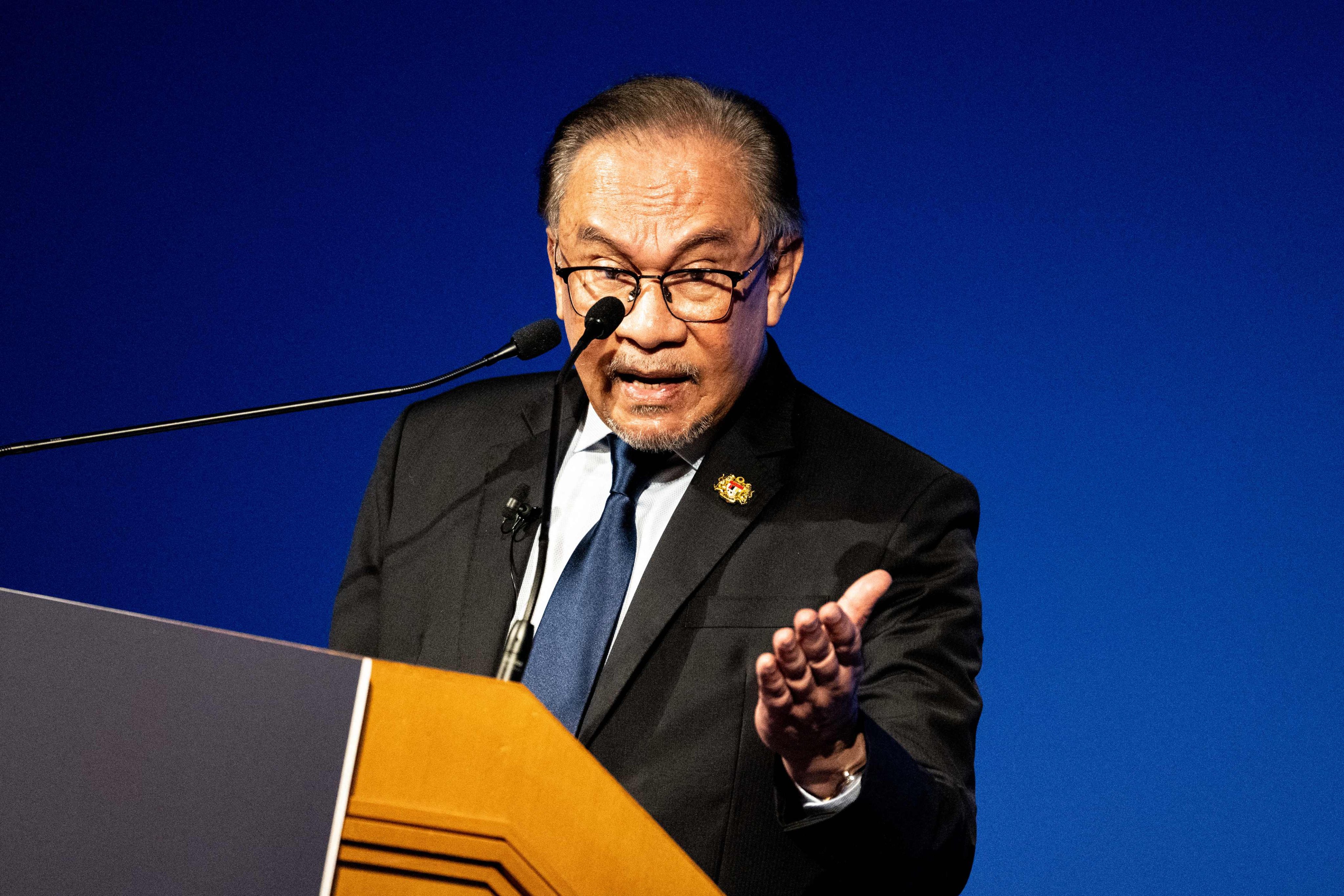 Malaysia’s Prime Minister Anwar Ibrahim speaks during the Nikkei Forum in Tokyo on Thursday. Photo: AFP