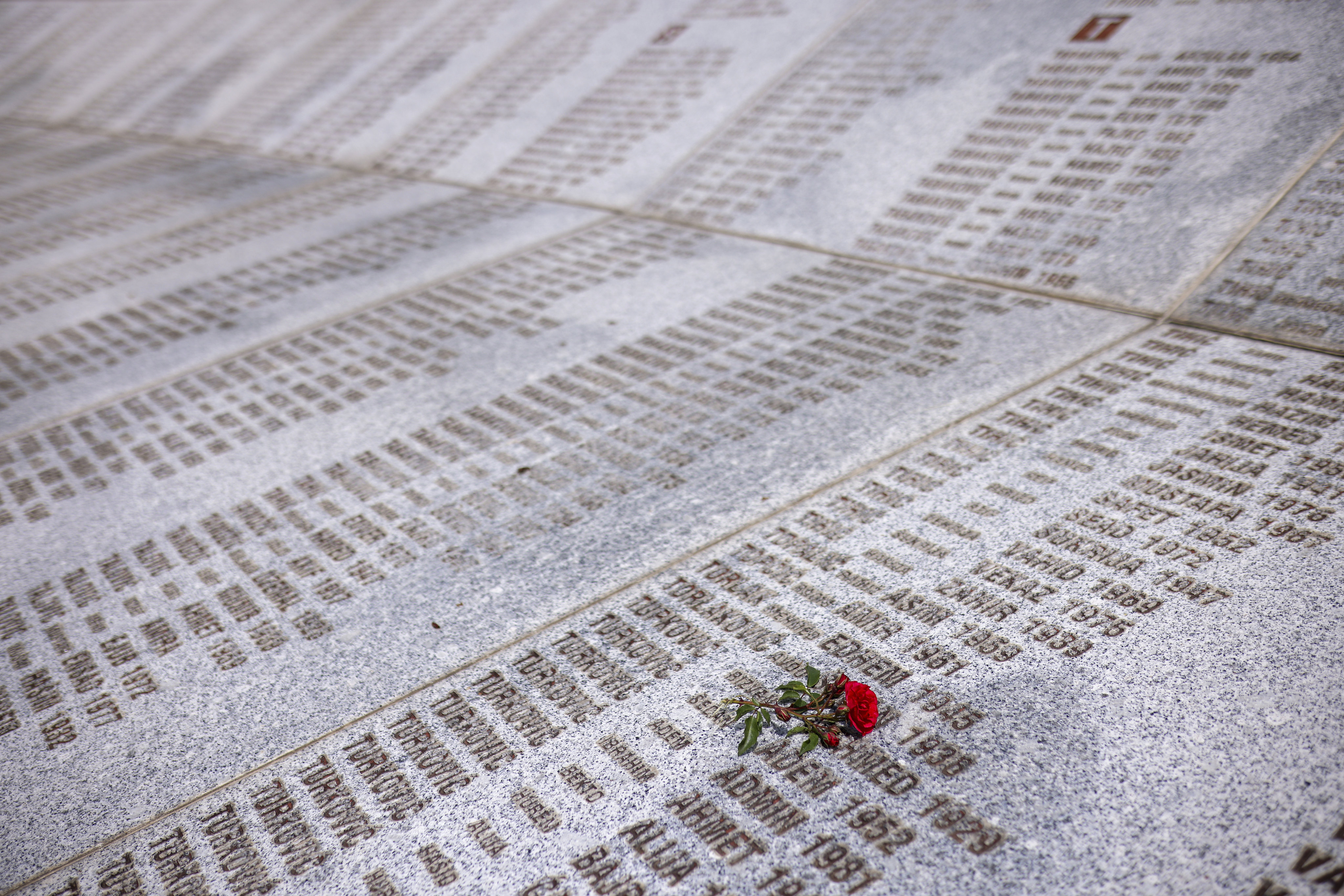 A monument with the names of those killed in Srebrenica genocide, at the Memorial Centre in Potocari, Bosnia. Photo: AP