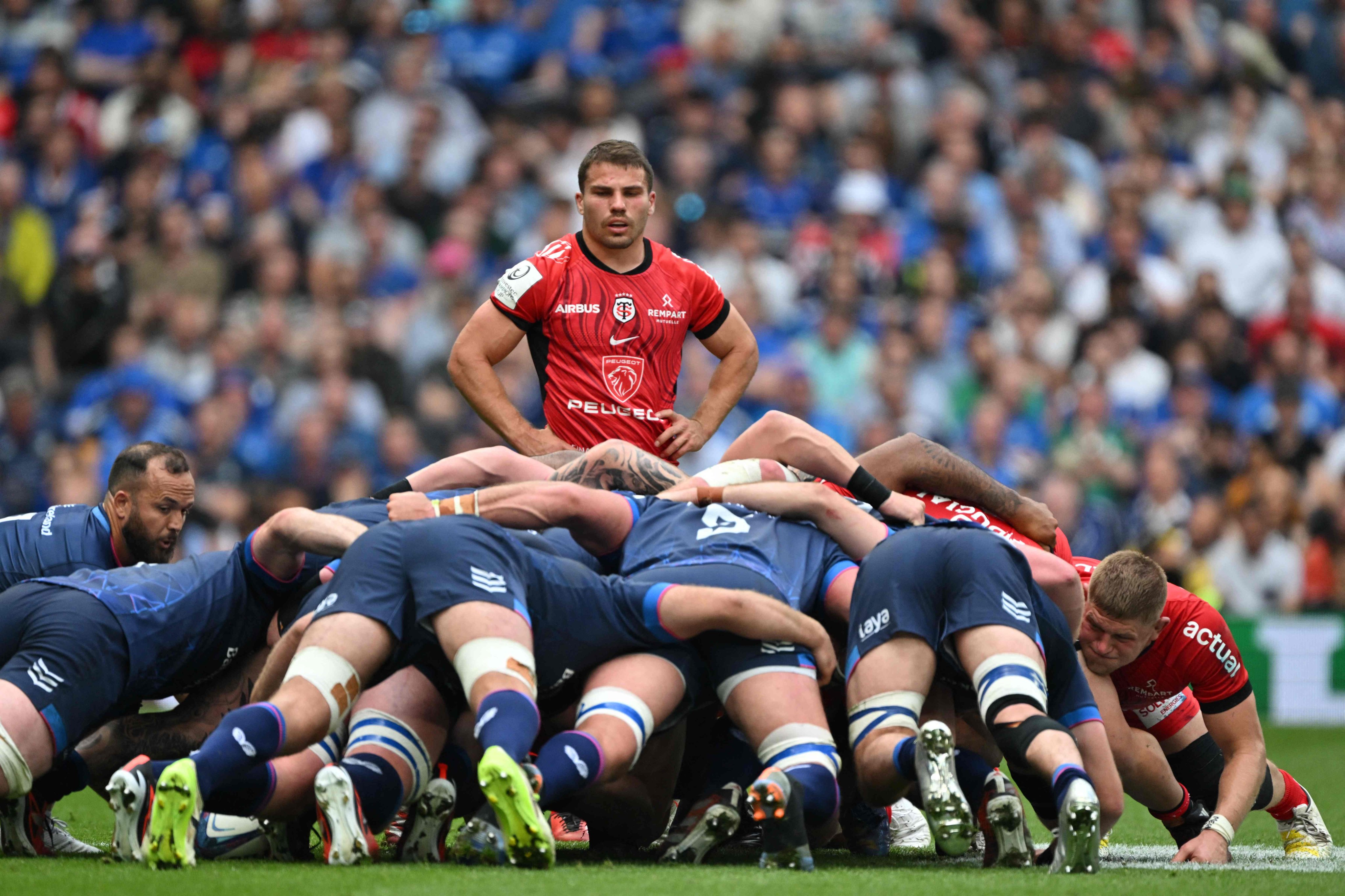 Antoine Dupont (centre) stands back from a scrum during the European Champions Cup final between Leinster and Toulouse at Tottenham Hotspur Stadium. Photo: AFP