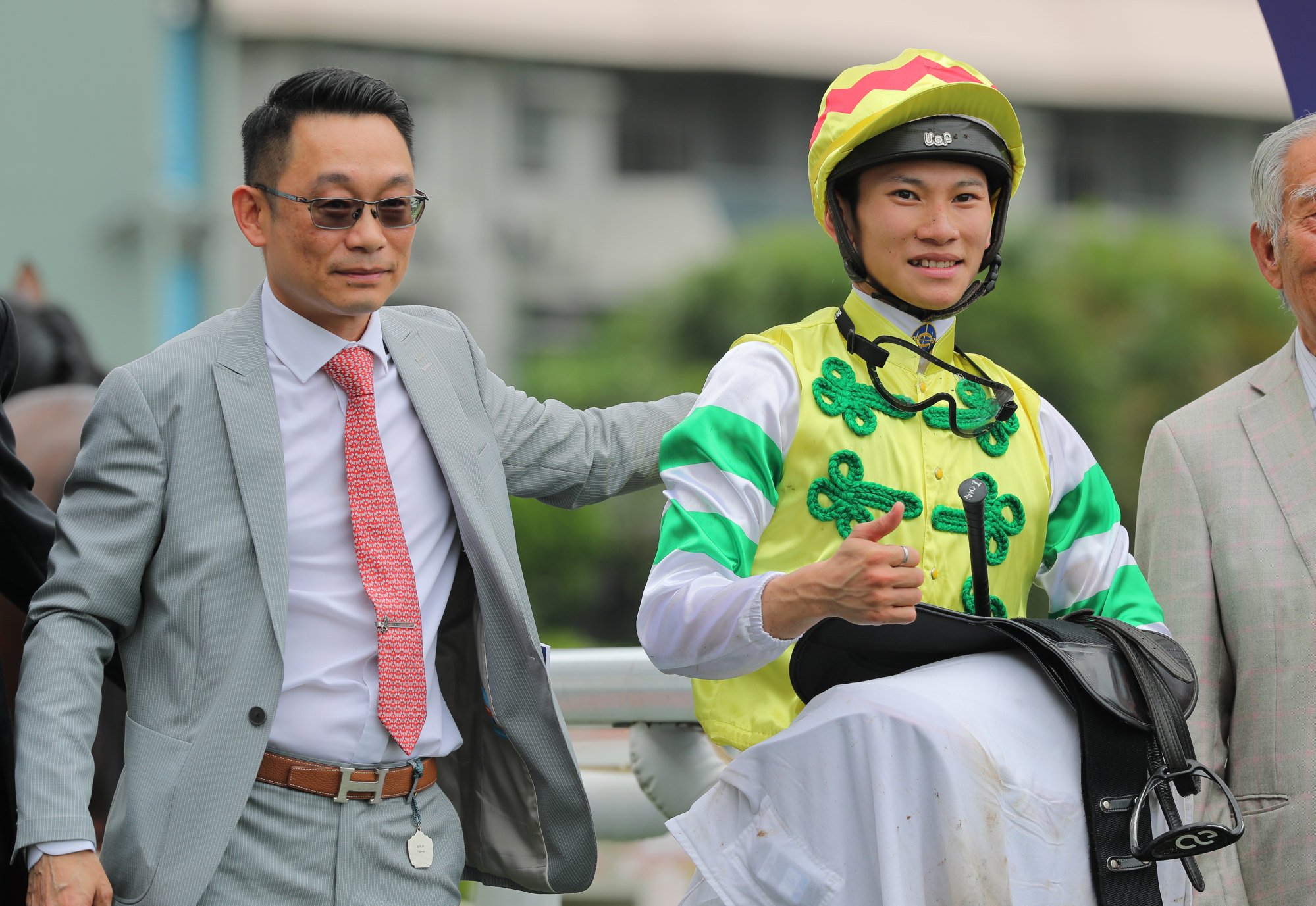 Trainer Jimmy Ting and jockey Jerry Chau after Thunder Blink’s second win from as many starts.