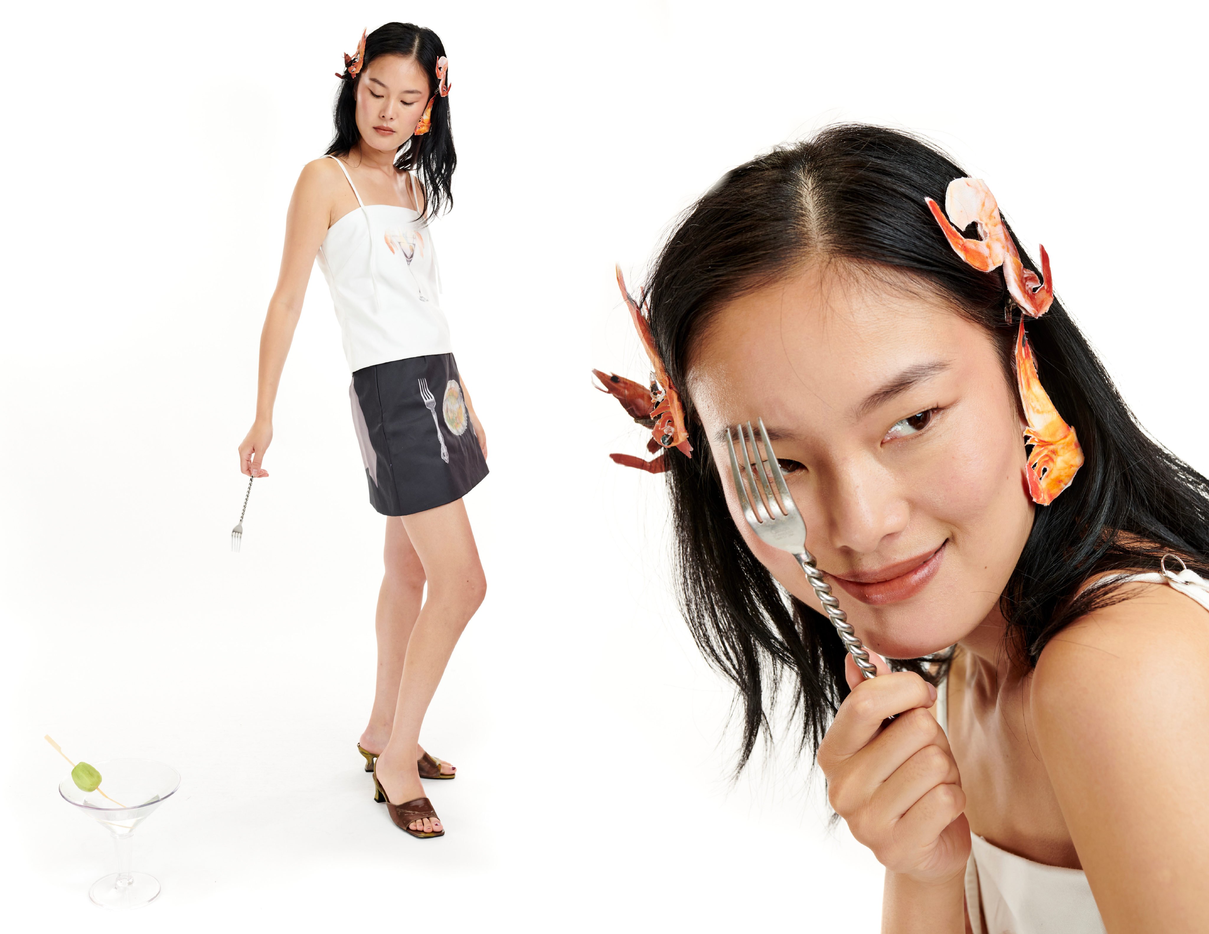 A shrimp cocktail and a whole fish adorn this spring/summer 2024 look from Leeann Huang. The Los Angeles-based Taiwanese-American designer tells the Post how she marries fashion and food, her two passions. Photo: Leeann Huang