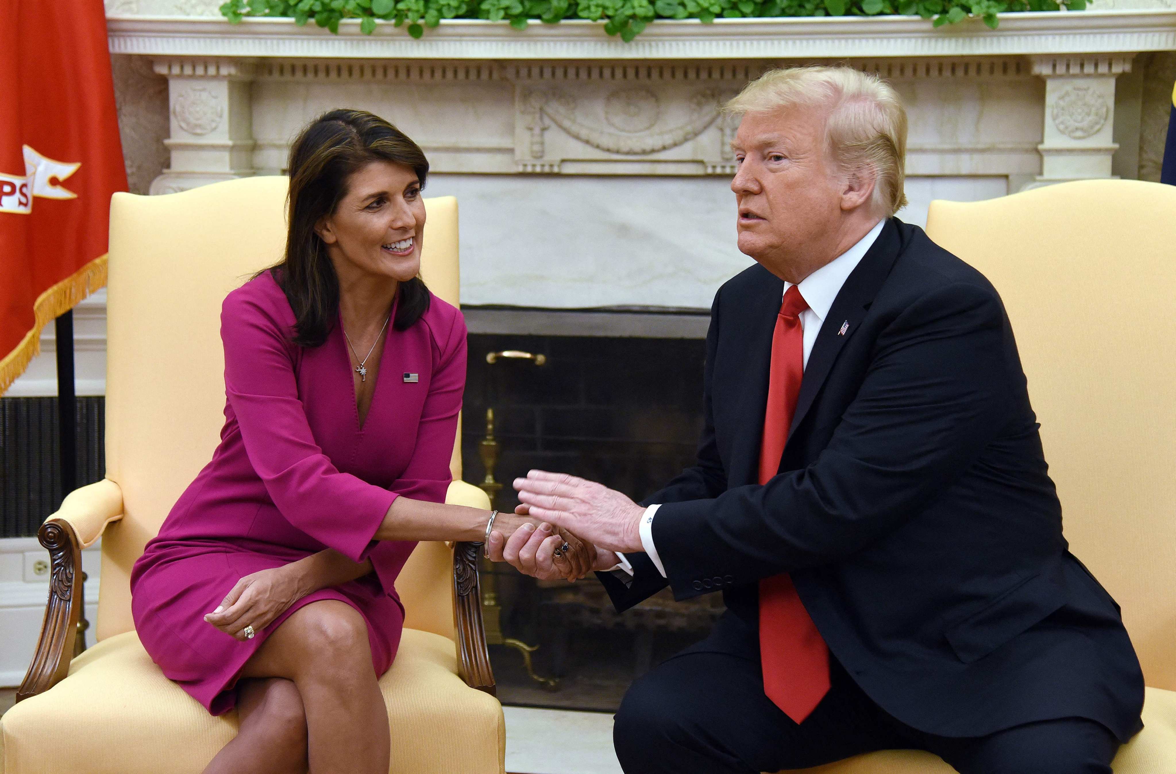 Donald Trump, then US president, shakes hands with Nikki Haley, who served as US ambassador to the United Nations under his administration, on October 9, 2018. Haleyran against Trump in the Republican primaries but now says she will vote for him. Photo: AFP