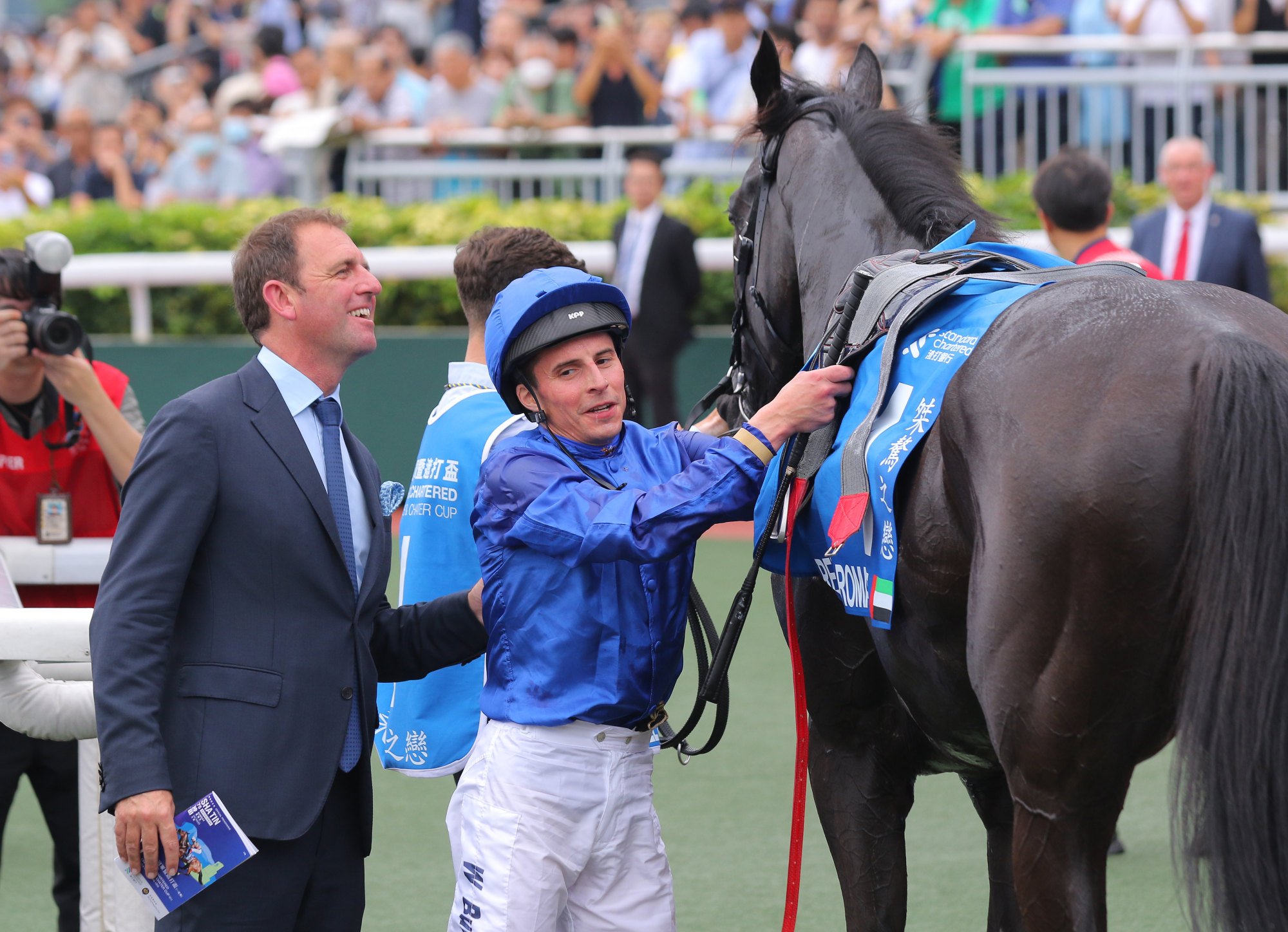 Trainer Charlie Appleby and jockey William Buick enjoy Rebel’s Romance’s Group One success.
