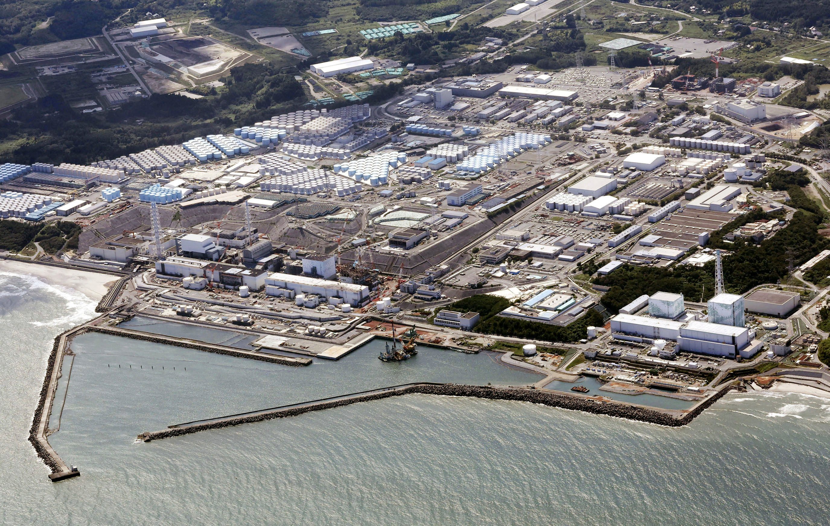 An aerial view of the Fukushima Daiichi nuclear power plant, situated in coastal towns of both Okuma and Futaba, northeastern Japan, in August 2023. Photo: Kyodo News via AP