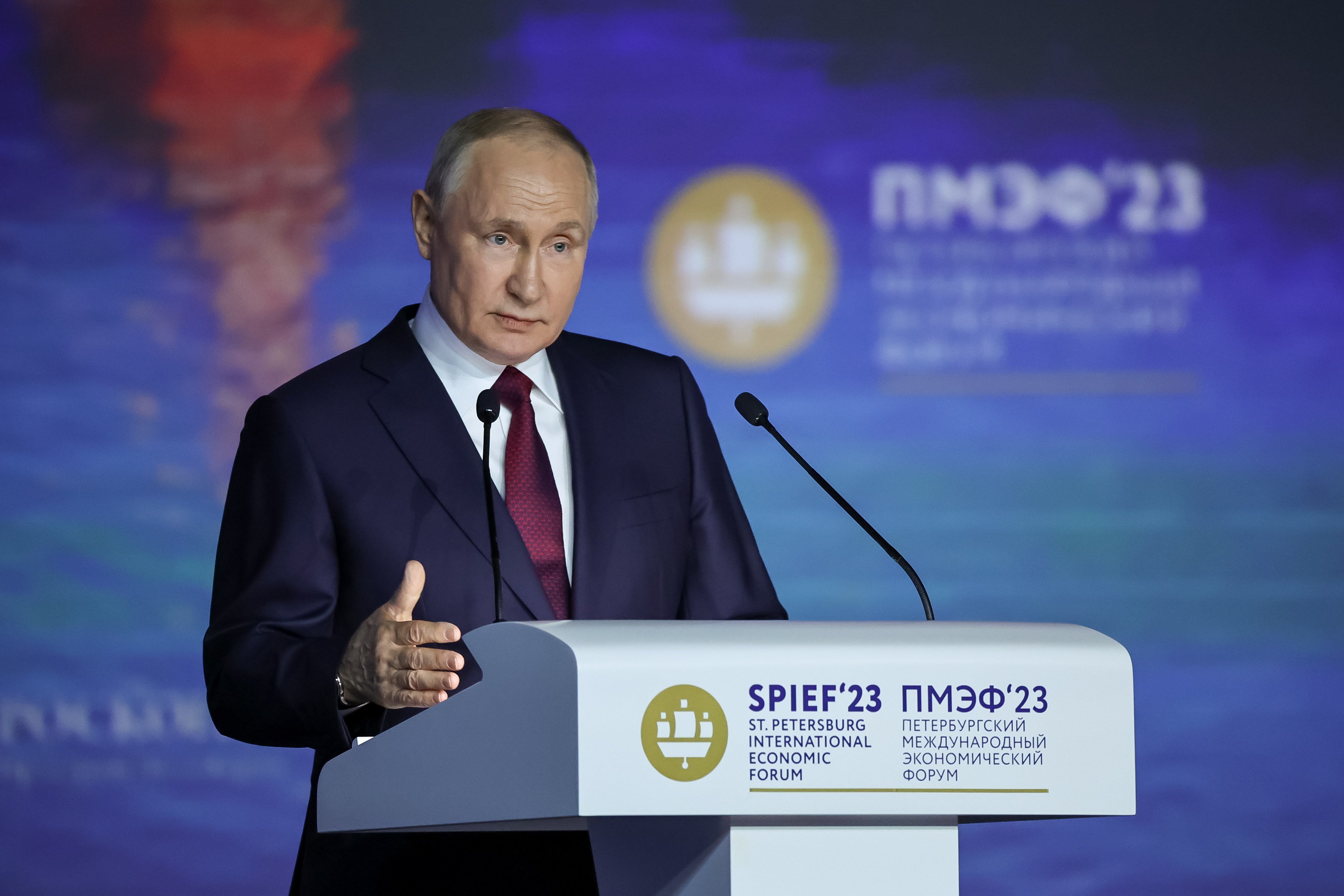 Russian President Vladimir Putin attends the plenary session of The St. Petersburg International Economic Forum in June 2023. Photo:  EPA-EFE/Handout/RIA