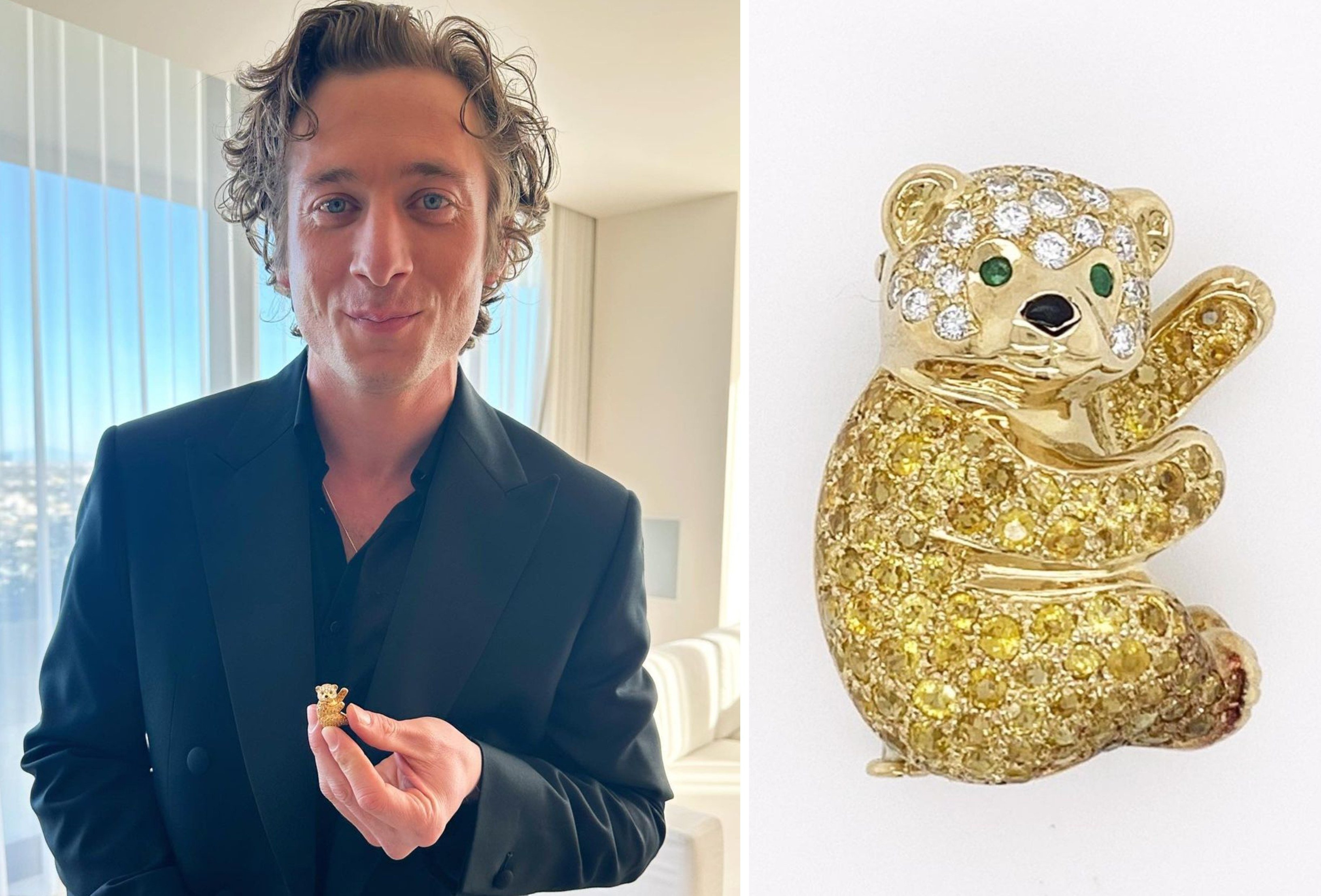 The vintage bear brooch by French jeweller Van Cleef & Arpels carried by Jeremy Allen White at the Golden Globes, where he won best actor in a TV series. Photos: Handout