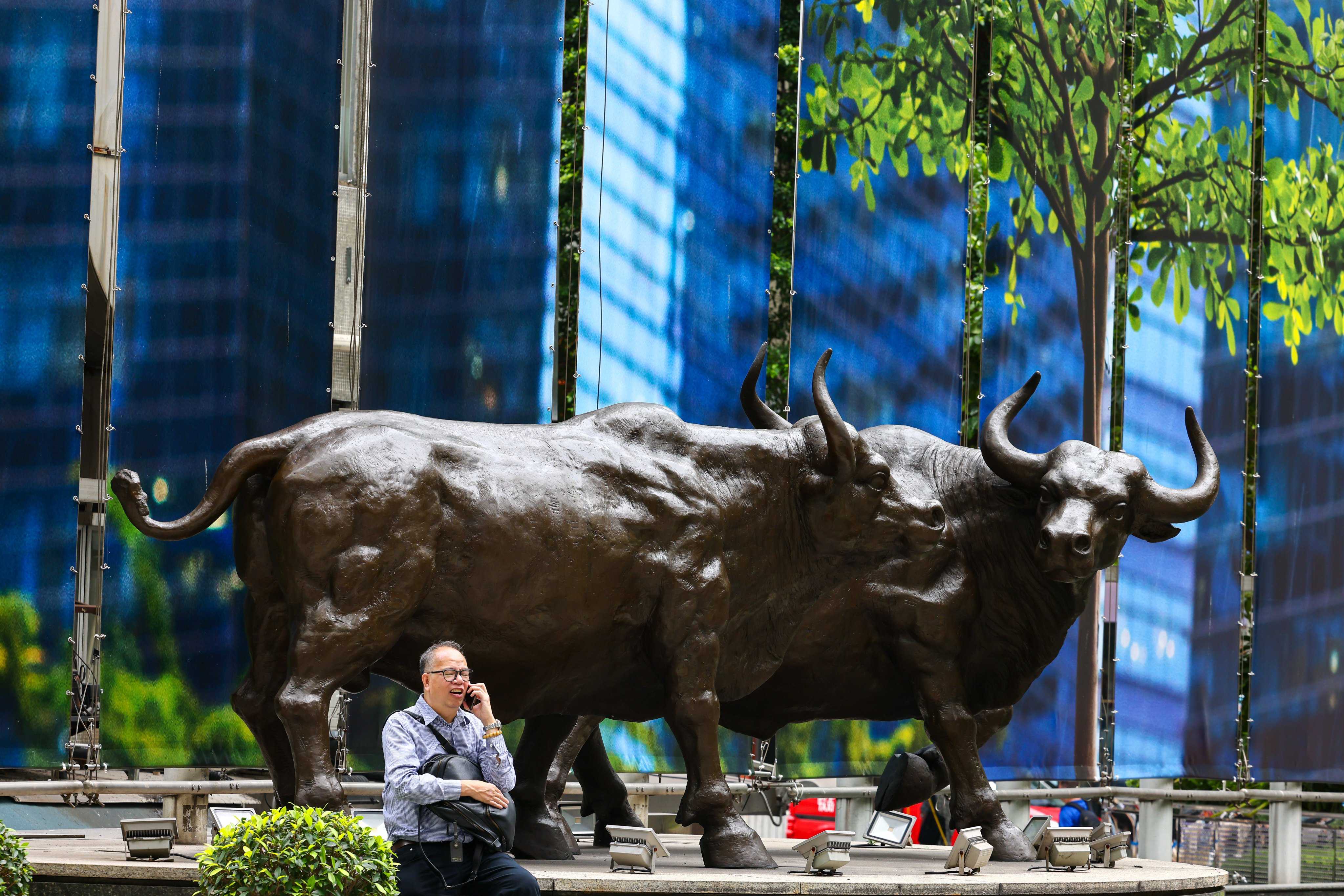 Bull statues stand outside the Center building in Central, Hong Kong, on May 17, 2024.  Photo: Dickson Lee
