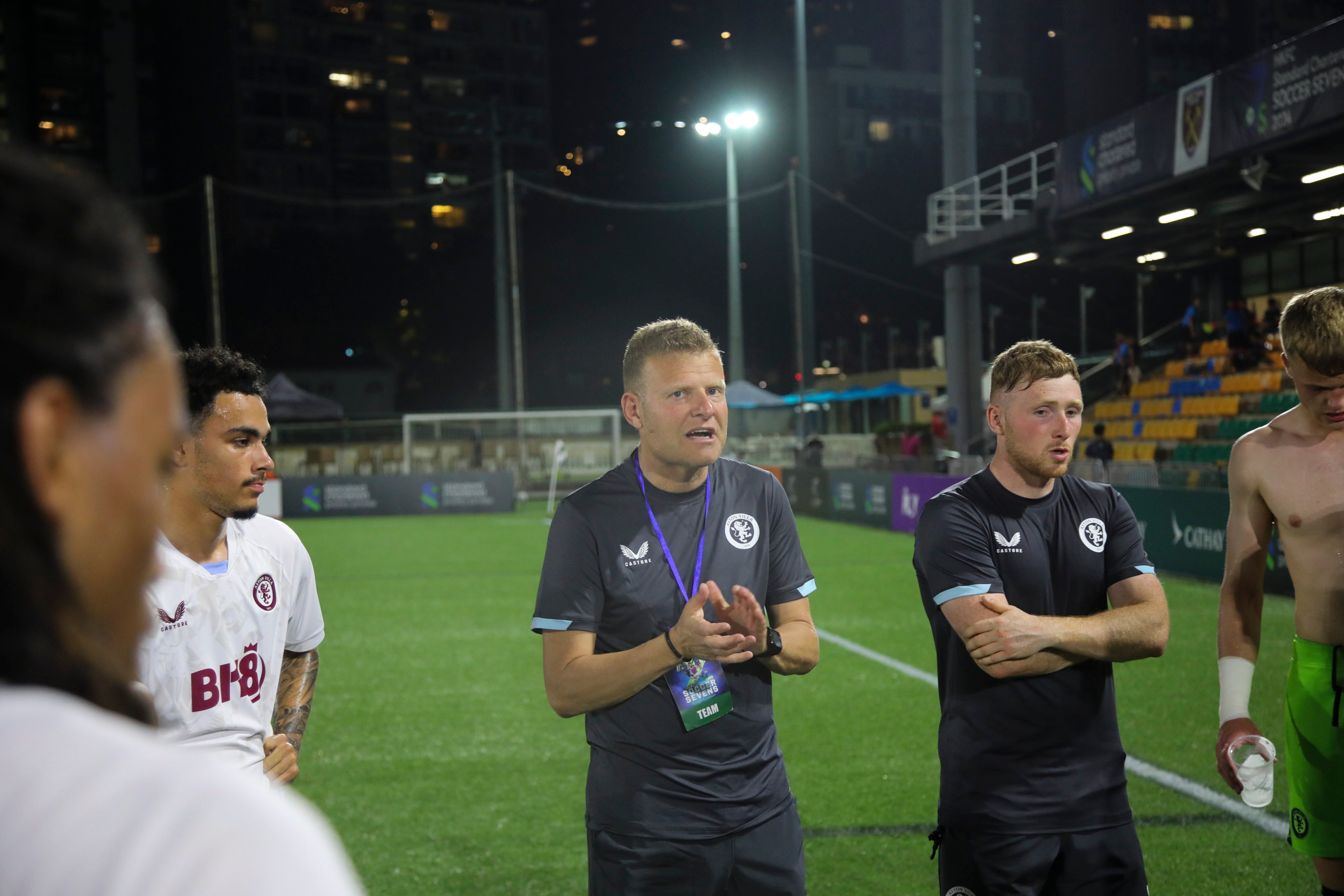 Aston Villa under-21s coach Josep Gombau chats to his players during the HKFC Soccer Sevens. Photo: HKFC Soccer Sevens