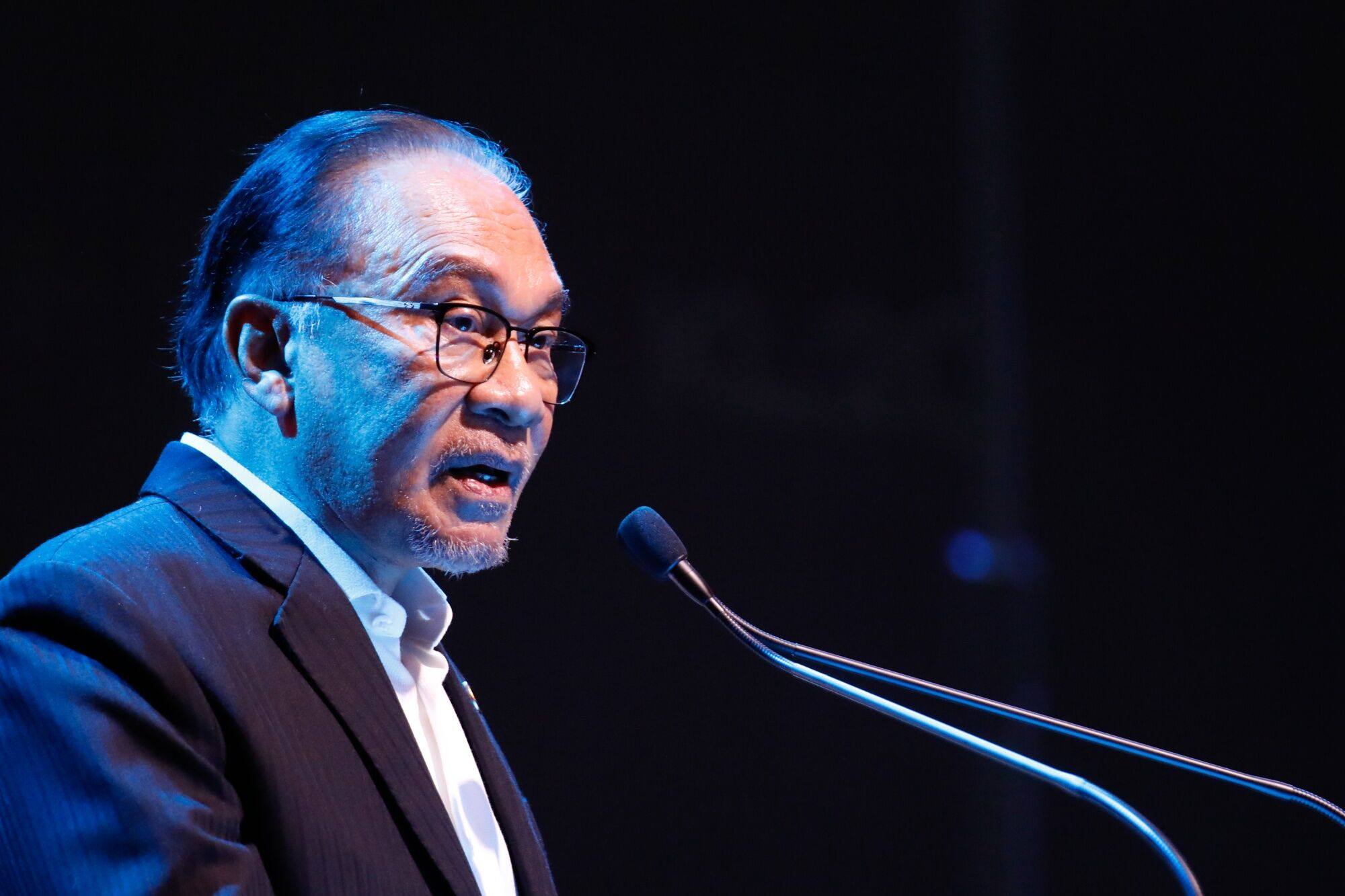 Malaysia’s Prime Minister Anwar Ibrahim speaking during the KL20 Tech Forum in Kuala Lumpur. Photo: Bloomberg