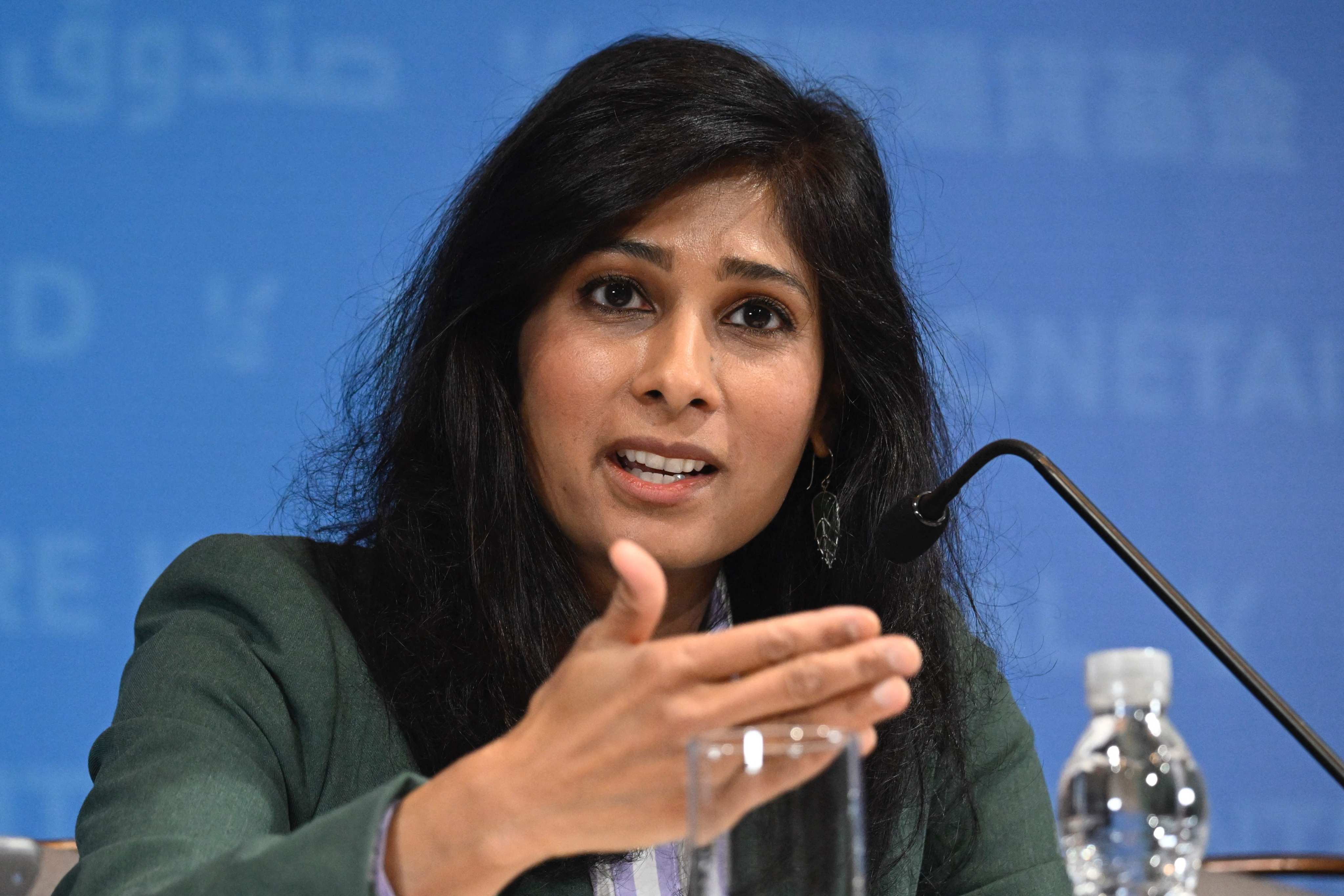 The IMF’s Gita Gopinath speaks during a press briefing concluding the 2024 China Article IV Mission in Beijing on Wednesday. Photo: AFP