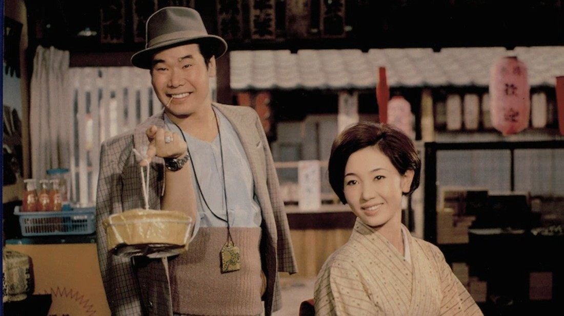 Kiyoshi Atsumi as Tora-san in a still from an Otoko wa Tsurai yo movie. Photo: Shochiku Co.
