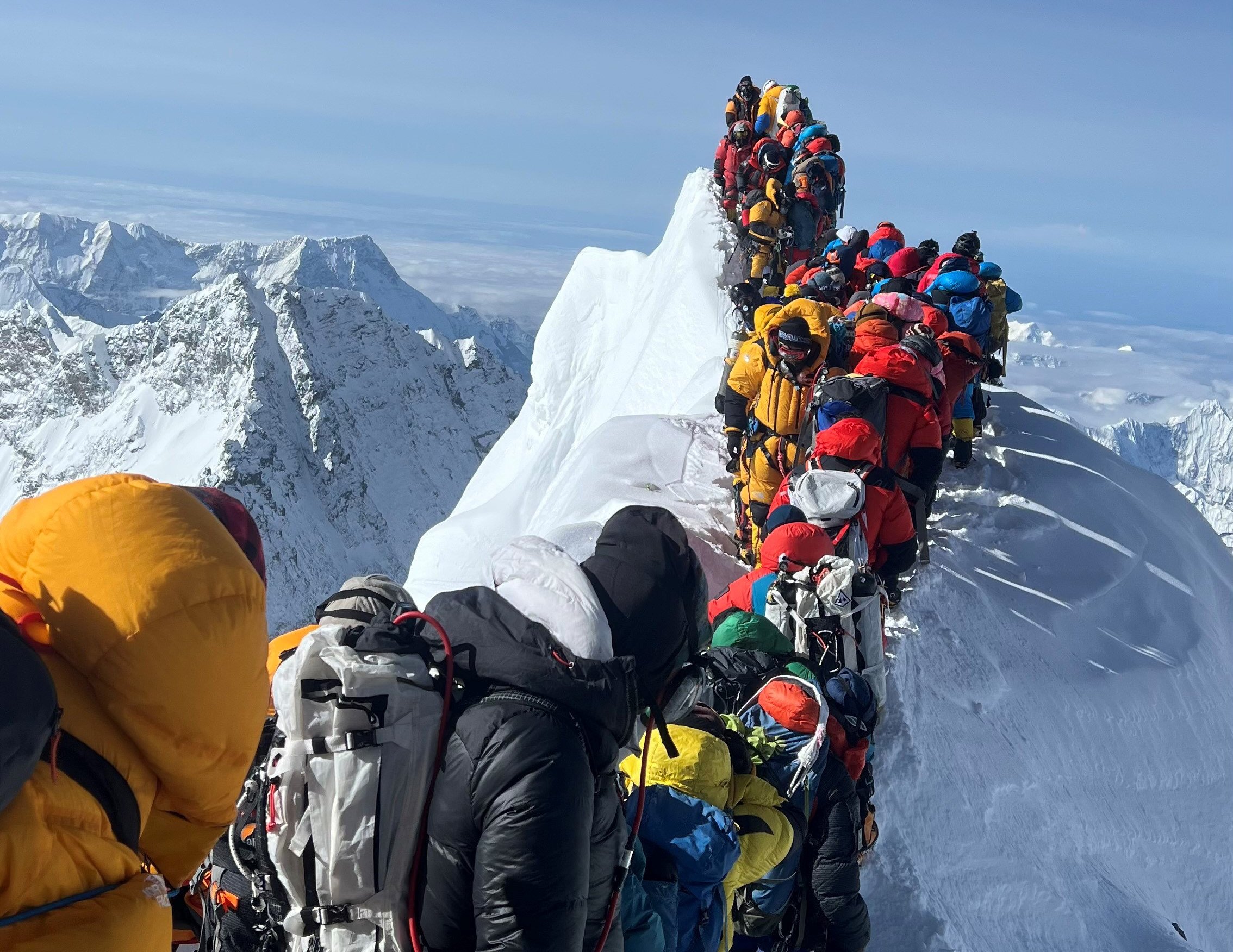 Climbers and mountain guides are stranded between the South Summit and the Hillary Step of Mount Everest on May 21 after an ice collapse destroyed the fixed ropes used for climbing. The collapse was responsible for two of the eight known deaths on the peak in the spring climbing season. Photo: Getty Images