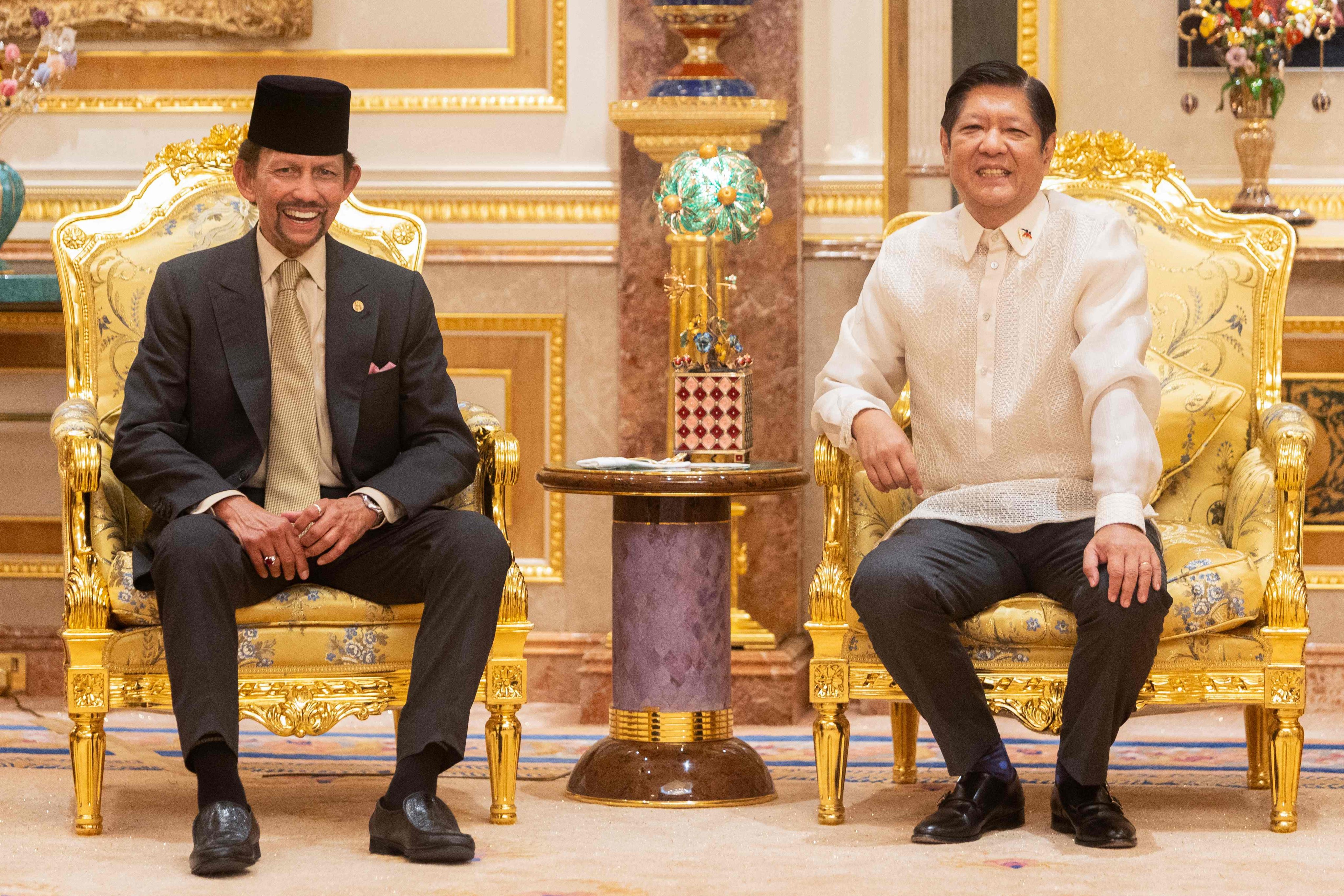 Brunei’s Sultan Hassanal Bolkiah (left) with Philippines’ President Ferdinand Marcos Jnr prior to a meeting at Istana Nurul Iman in Bandar Seri Begawan on Tuesday. Photo: AFP