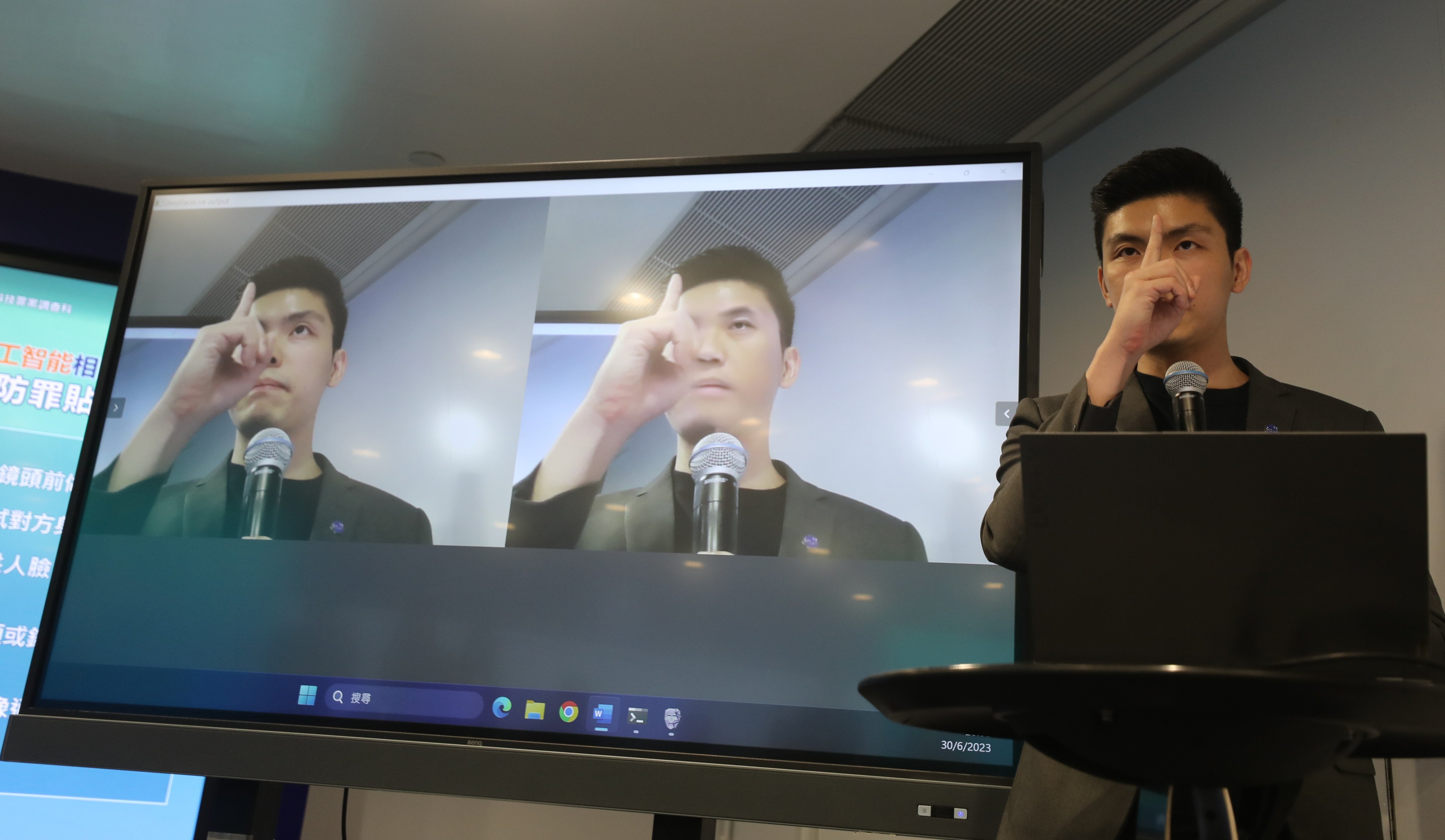 A Hong Hong police officer demonstrates how to tell and prevent AI-related deceptions at a press briefing on June 30 last year. While deepfakes are a formidable challenge, a well-prepared organisation doesn’t have to fall victim. Photo: Xiaomei Chen