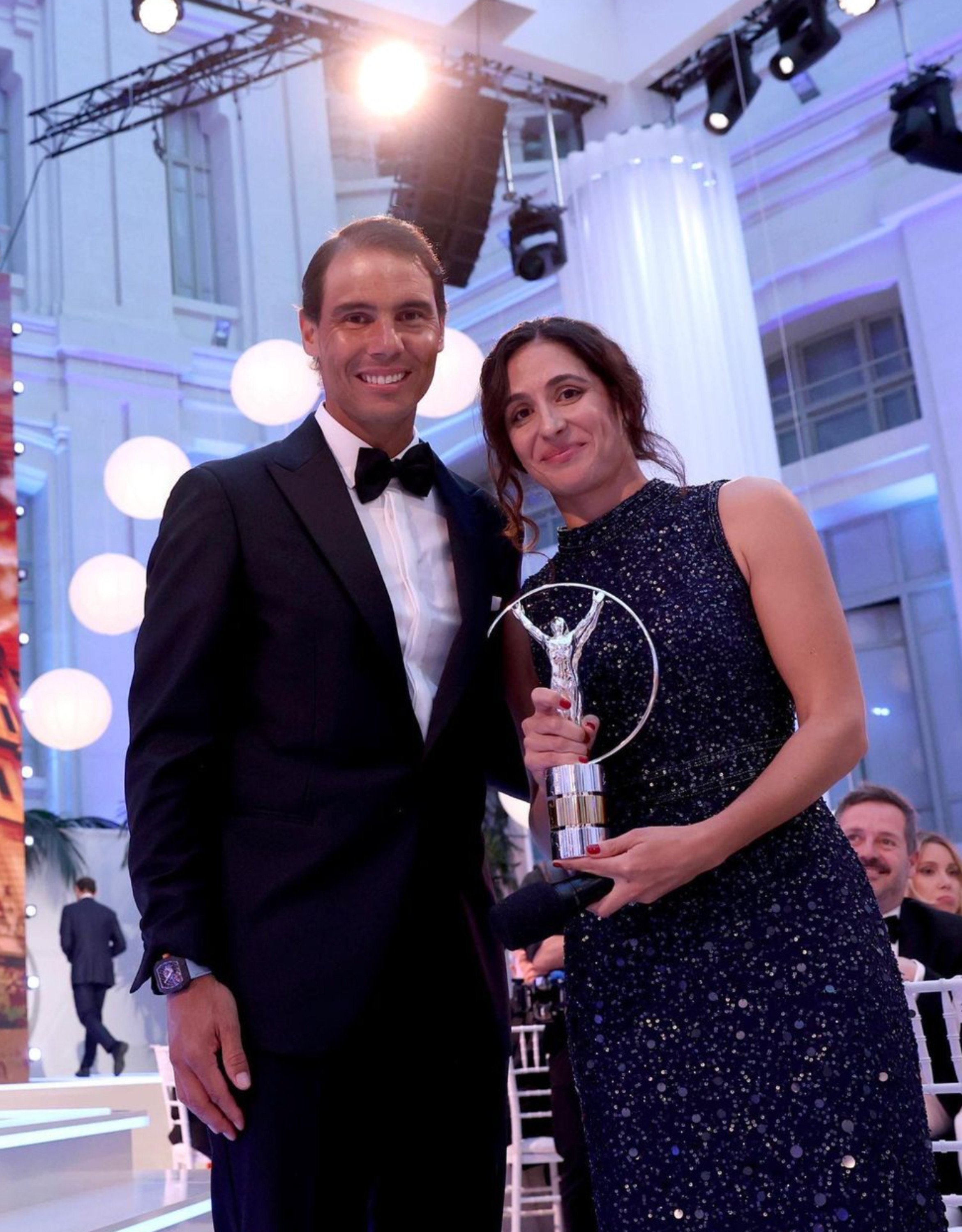 Rafael Nadal and his wife, Mery “Xisca” Perelló, posing with Fundación Rafa Nadal’s 2024 Laureus Sport for Good Award in April. Photo: @frnadal/Instagram
