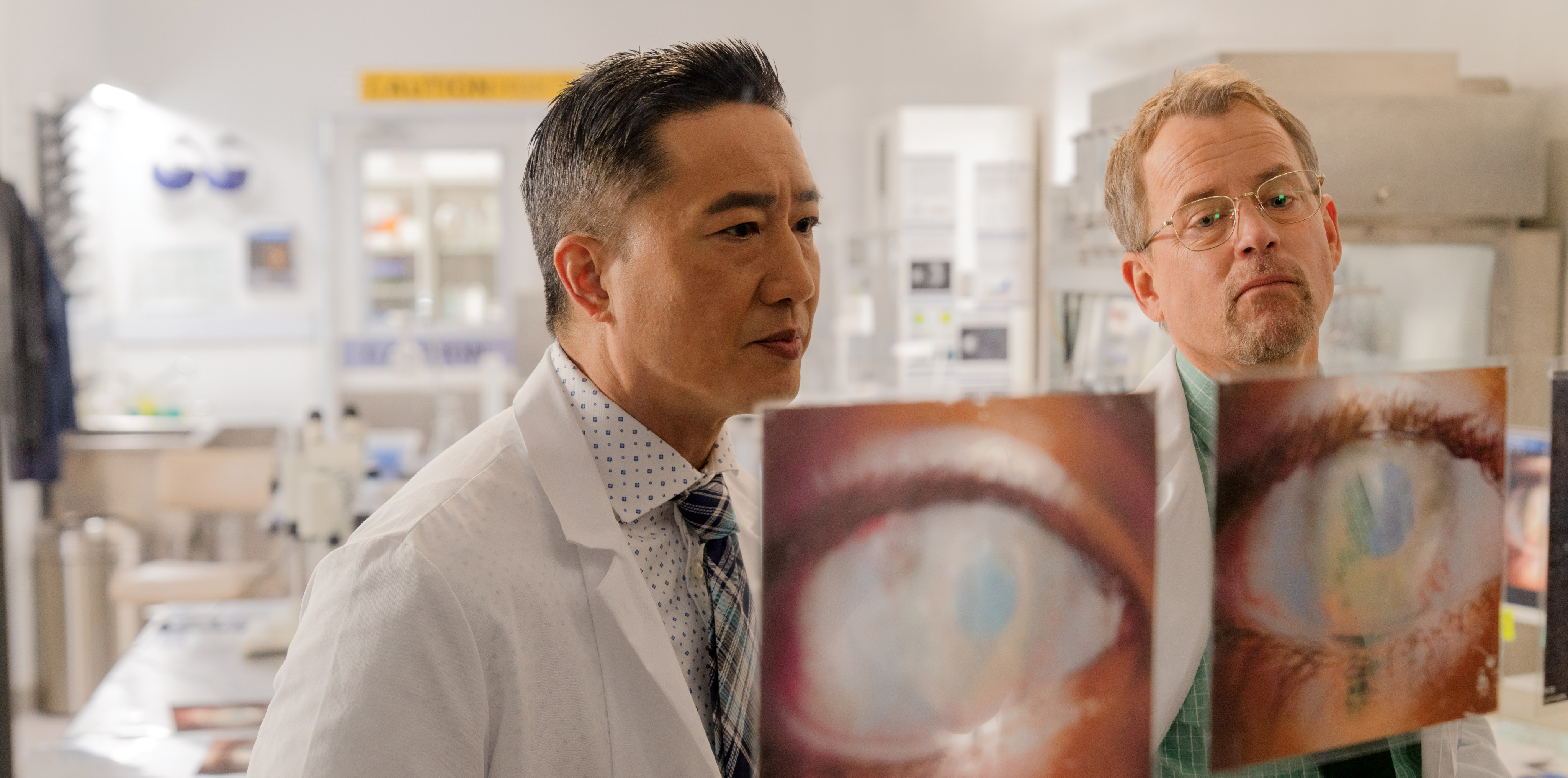 Terry Chen (left) as Ming Wang and Greg Kinnear as his medical partner Misha Bartnovsky, in a still from Sight. The inspirational movie tells the story of Ming Wang, the Asian-American doctor who helped restore the sight of millions of blind people. Photo: Angel Studios