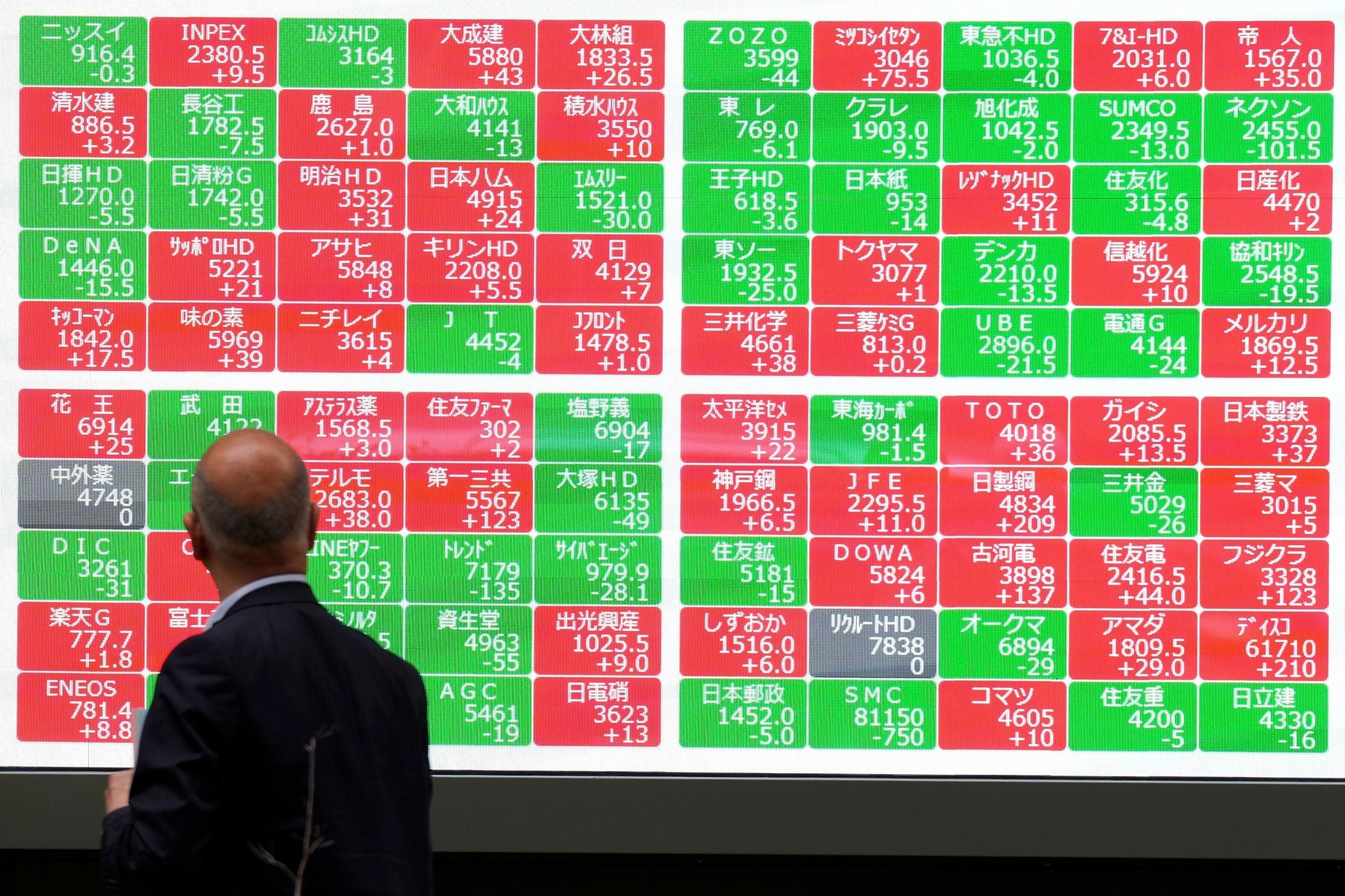 A man looks at an electronic stock board showing Japan’s Nikkei 225 index at a securities firm in Tokyo, on May 27. Photo: AP