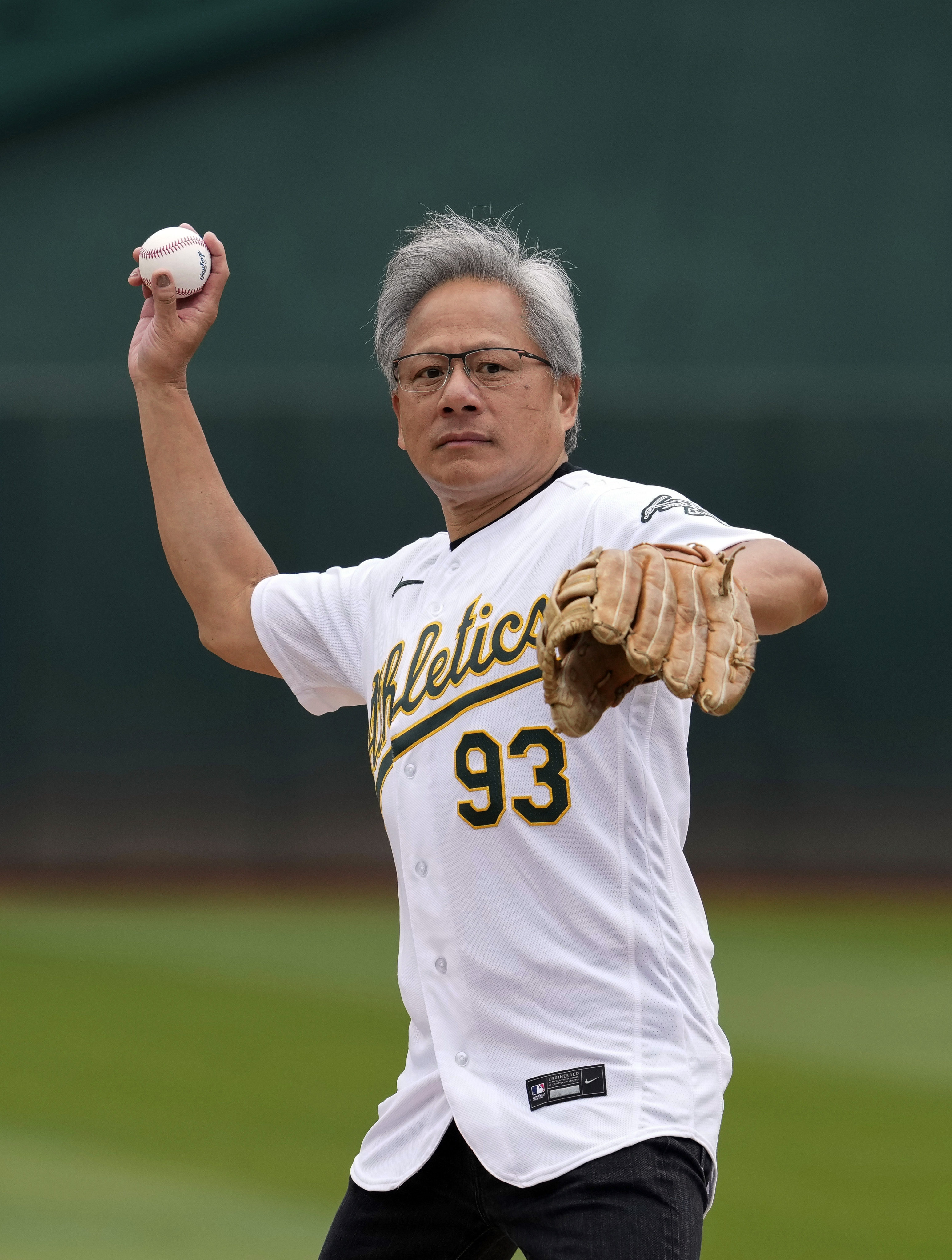Nvidia founder Jensen Huang threw a ceremonial first pitch during Taiwanese Heritage Day before a baseball game in Oakland, California last Saturday. The CEO is currently on a visit to Taiwan for the island’s Computex tech expo. Photo: AP Photo