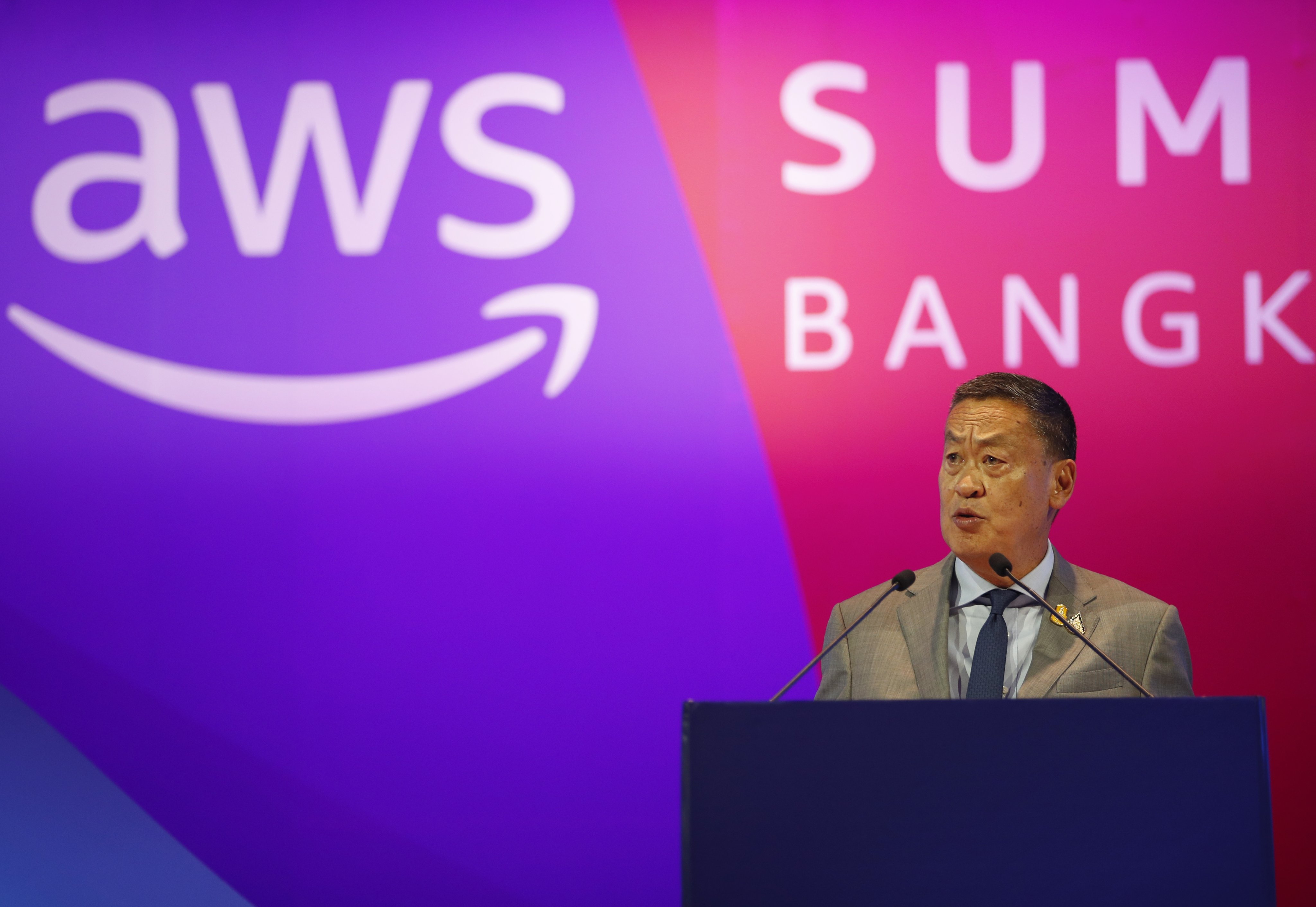 Thai Prime Minister Srettha Thavisin delivers a speech during the Amazon Web Services Summit in Bangkok, Thailand, on Thursday. Srettha’s government continues to balance Washington and Beijing. Photo: EPA-EFE