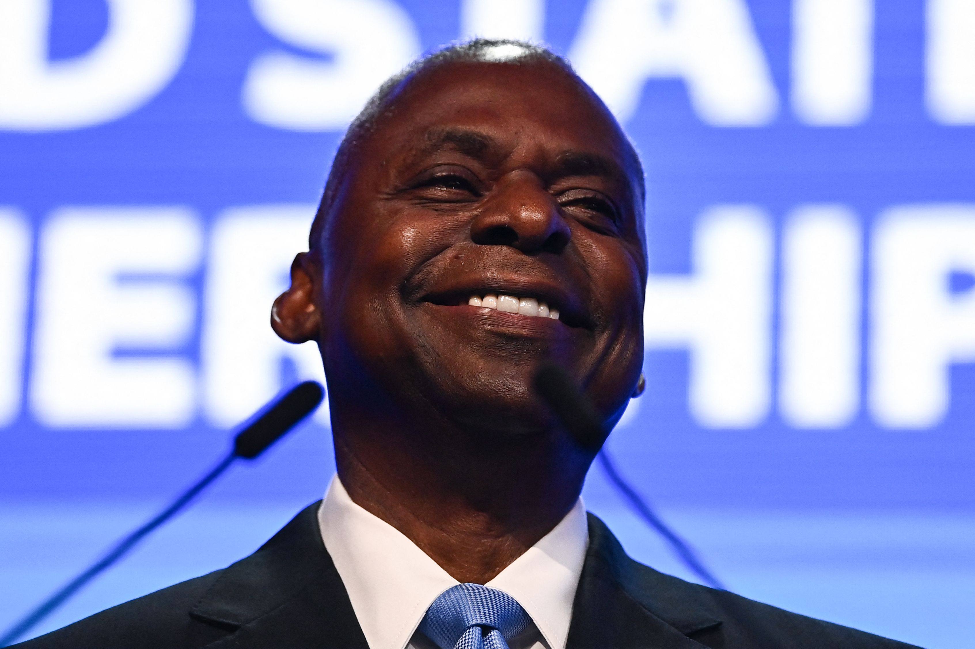 US Secretary of Defence Lloyd Austin speaks at the 21st Shangri-La Dialogue summit in Singapore on Saturday. Photo: AFP