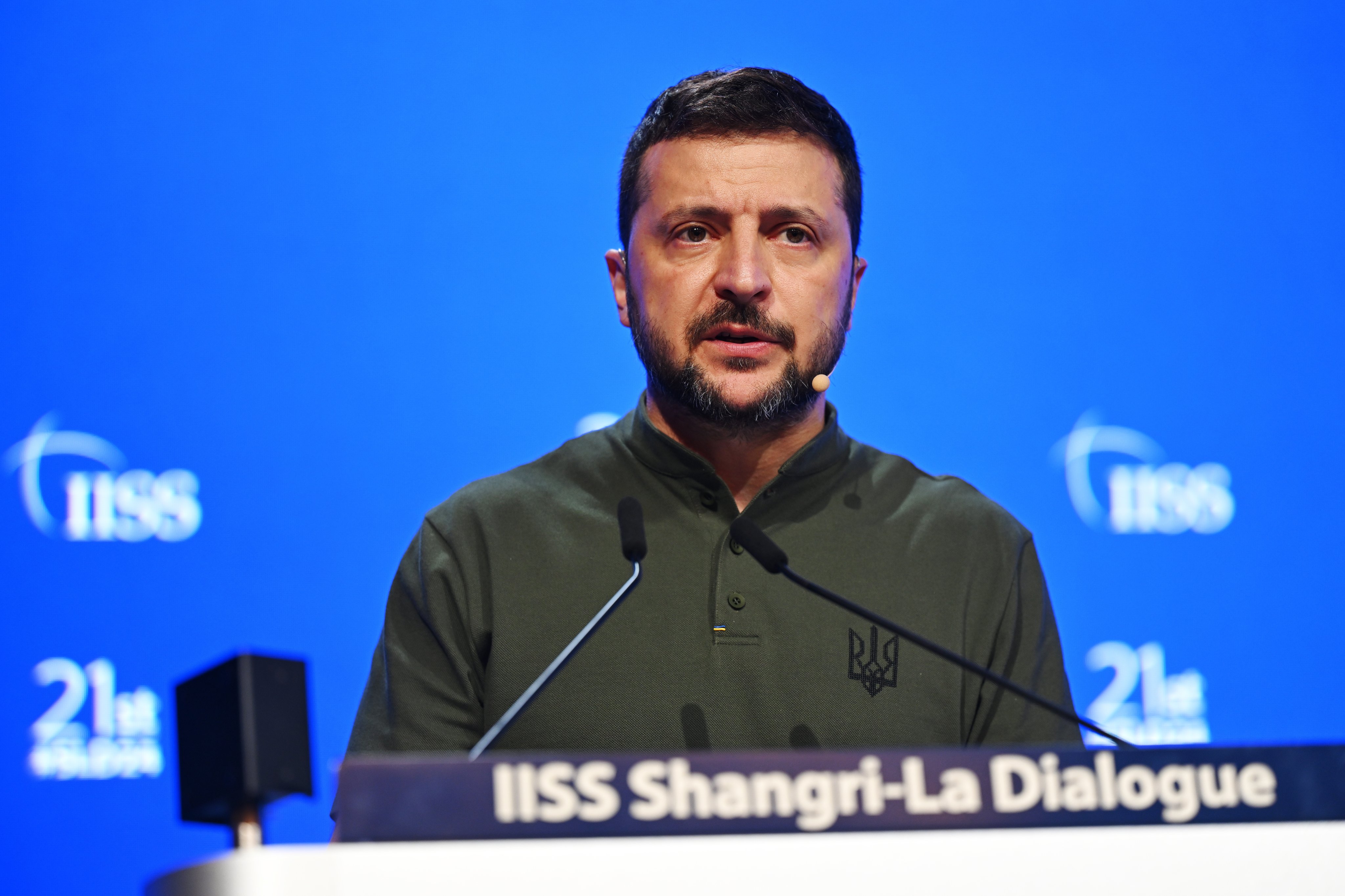 Ukraine’s President Volodymyr Zelensky delivers a speech at the International Institute for Strategic Studies’ Shangri-La Dialogue in Singapore on Sunday. Photo: EPA-EFE