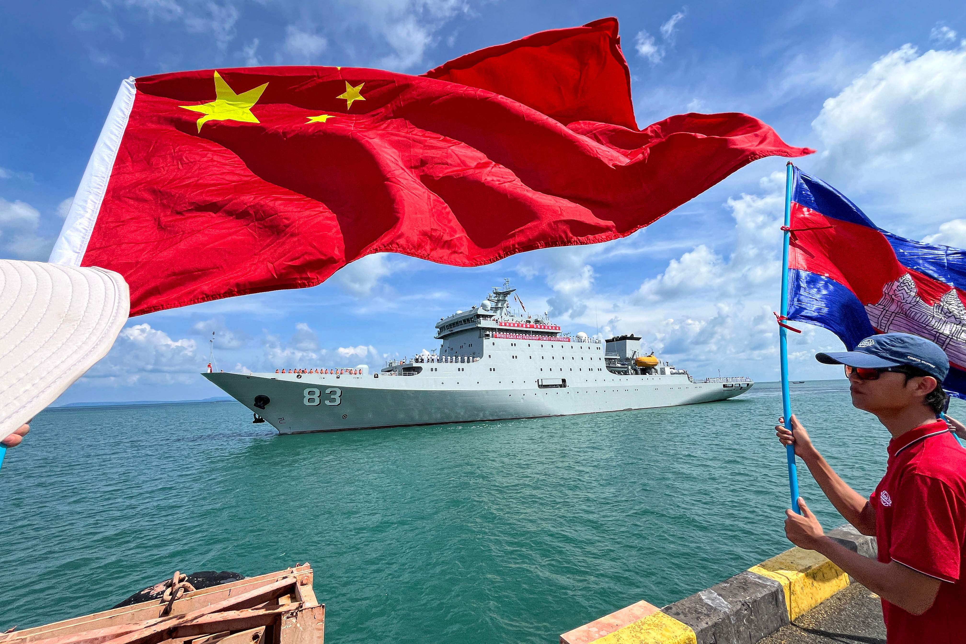A Chinese training ship prepares to dock in Cambodia last month. China’s access to Cambodia’s Ream naval base was one of the hot topics of discussion at this year’s Shangri-La Dialogue. Photo: AFP