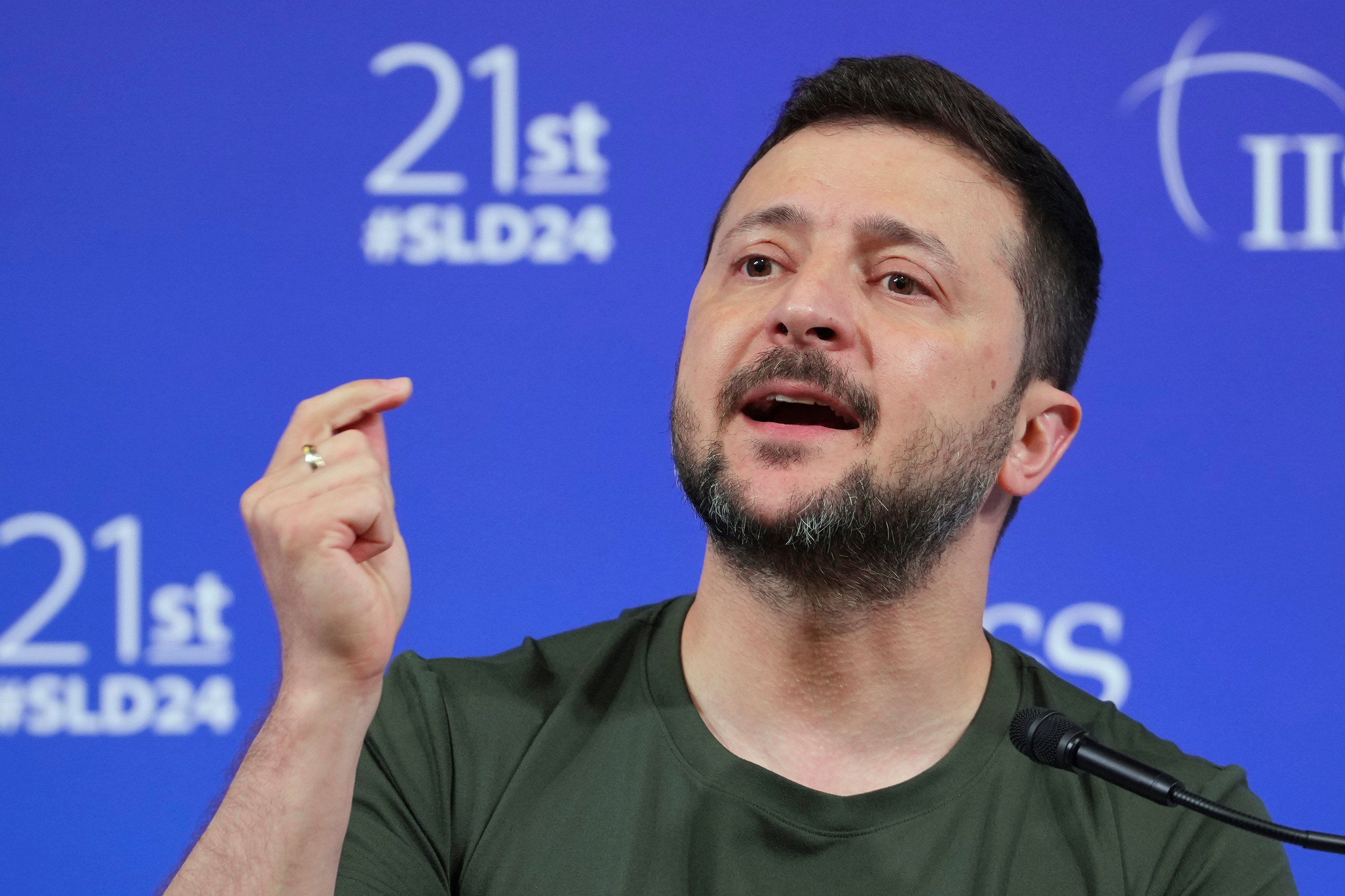 Ukrainian President Volodymyr Zelensky speaks during a press conference after the 21st Shangri-La Dialogue summit in Singapore on Sunday. Photo: AP