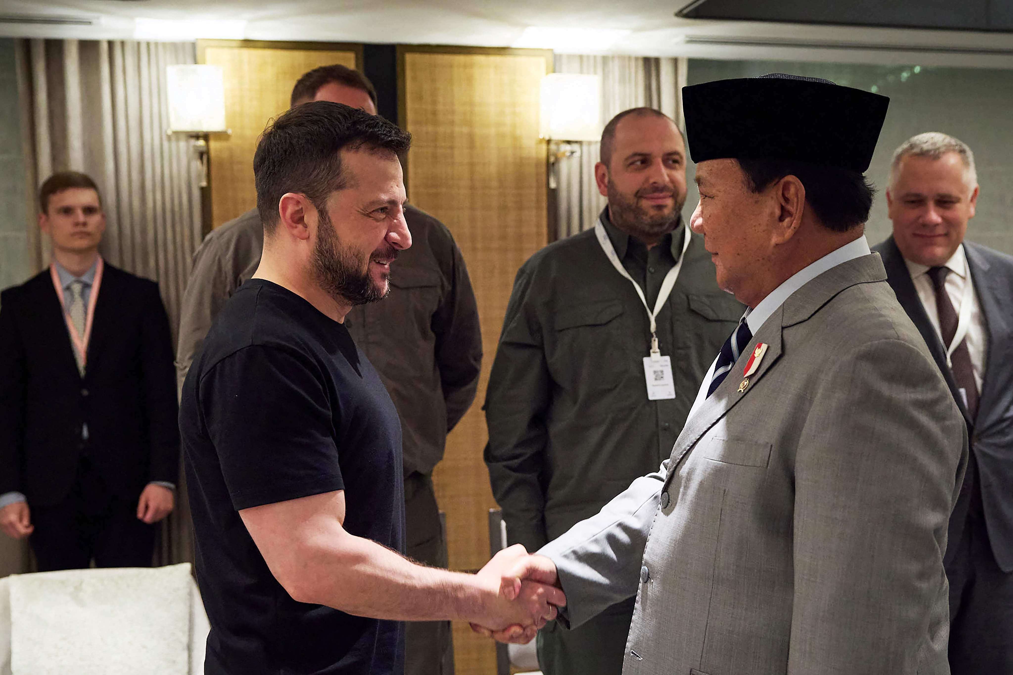 Ukraine’s President Volodymyr Zelensky shakes hands with Indonesia’s president-elect Prabowo Subianto before their talks on the sidelines of the Shangri-La Dialogue in Singapore late on Saturday. Photo: Ukrainian Presidential Press Service Handout/via AFP