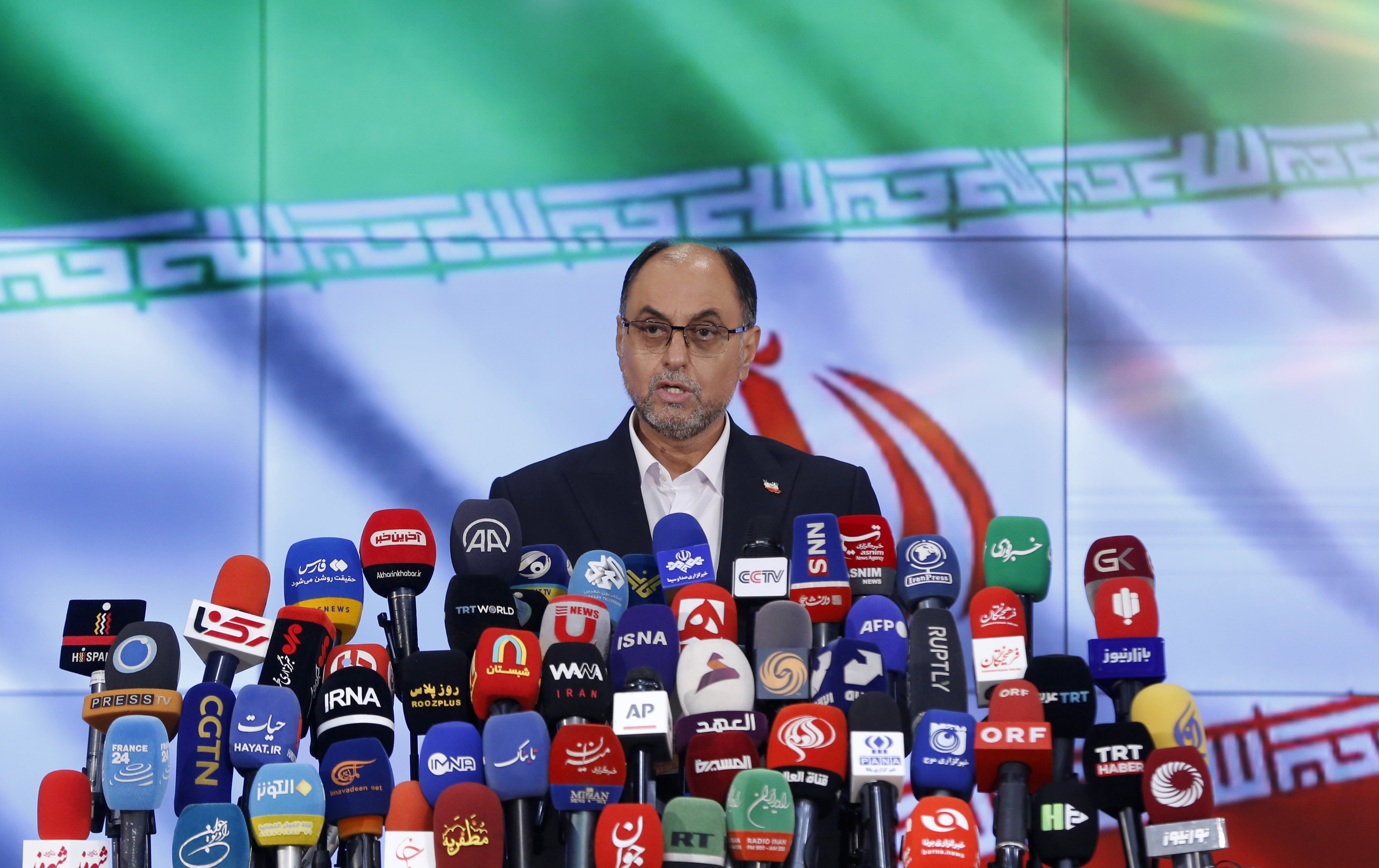 Senior official of Iranian supreme leader office Vahid Haghanian speaks after registering his candidacy for the Iranian presidential election at the Interior Ministry in Tehran. Iran will hold presidential election on June 28. Photo: EPA-EFE