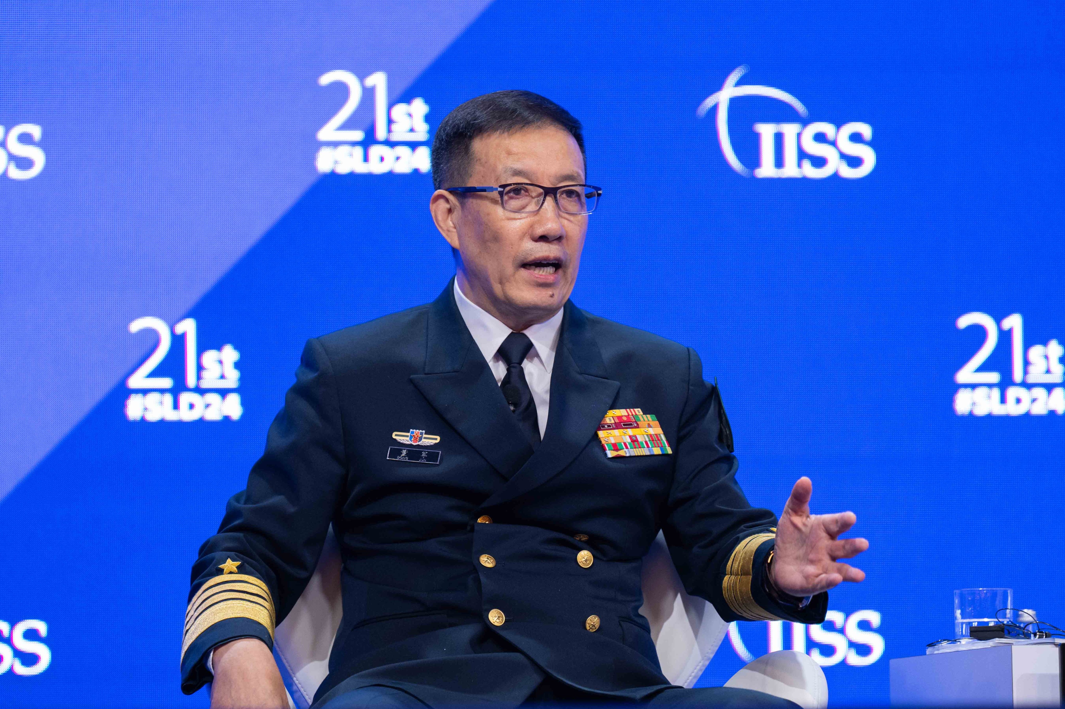 Chinese Defence Minister Dong Jun delivers his speech at the  Shangri-La Dialogue in Singapore. Photo:  EPA-EFE/International Institute for Strategic Studies 