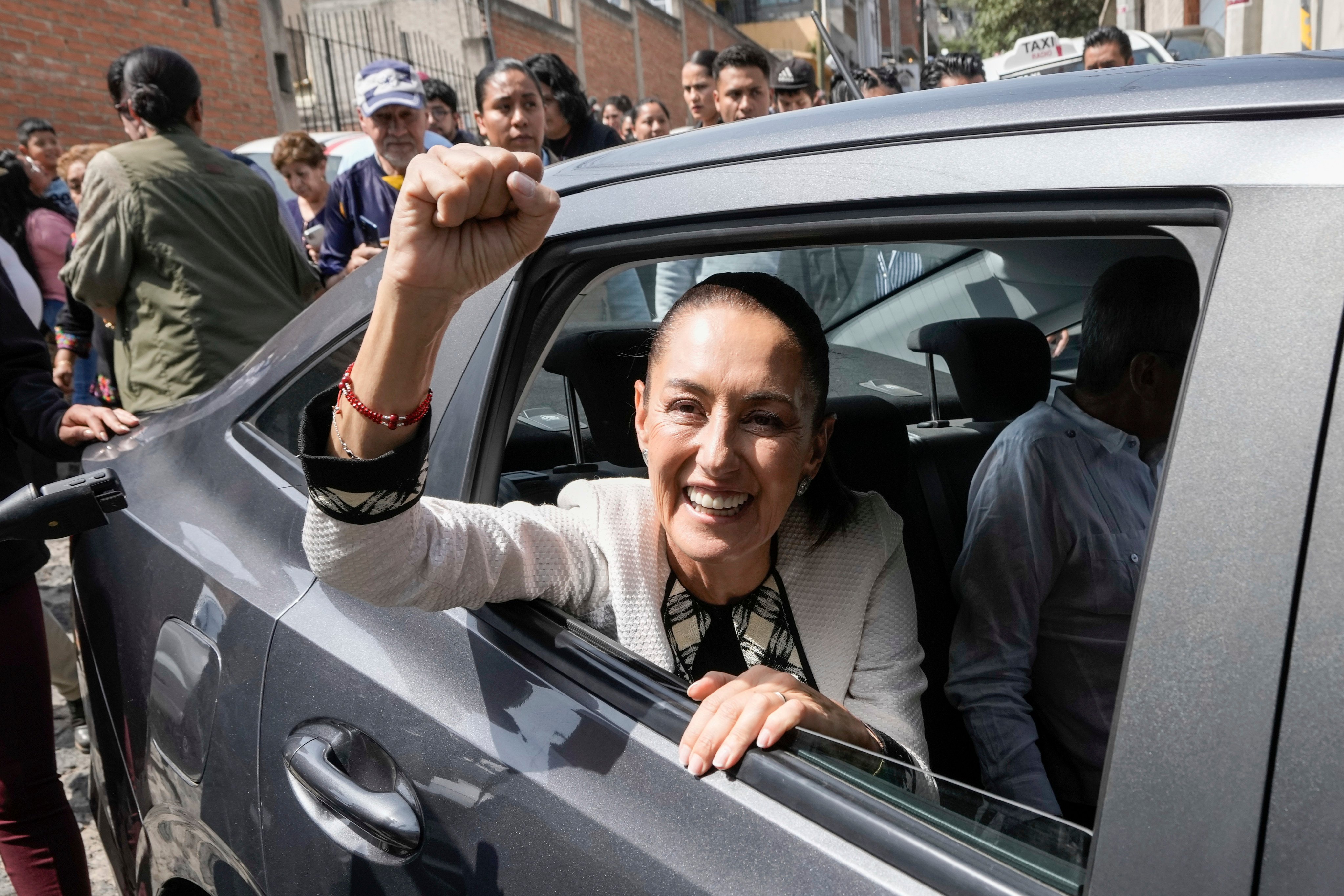Claudia Sheinbaum leaving a polling station in Mexico City on Sunday. Photo: AP