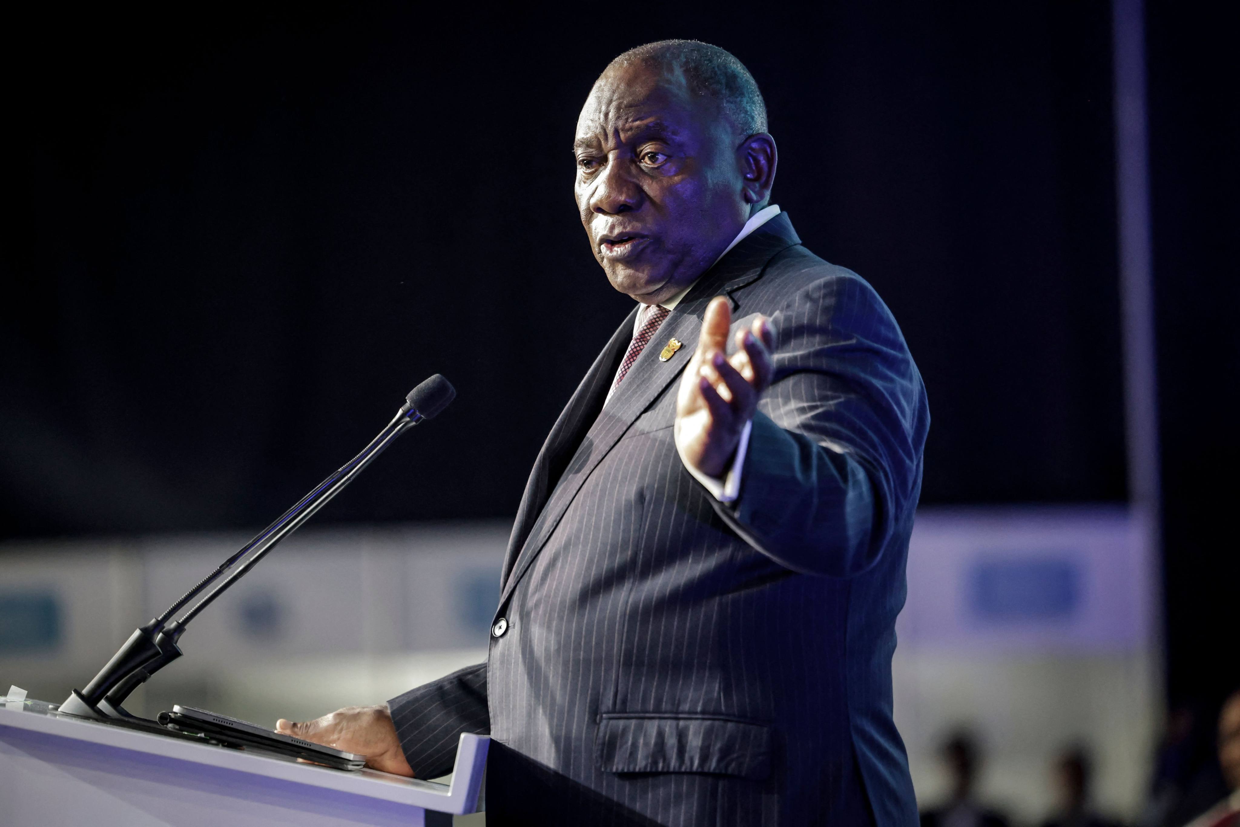 South African President Cyril Ramaphosa delivers remarks after the official announcement of the election results. Photo: AFP