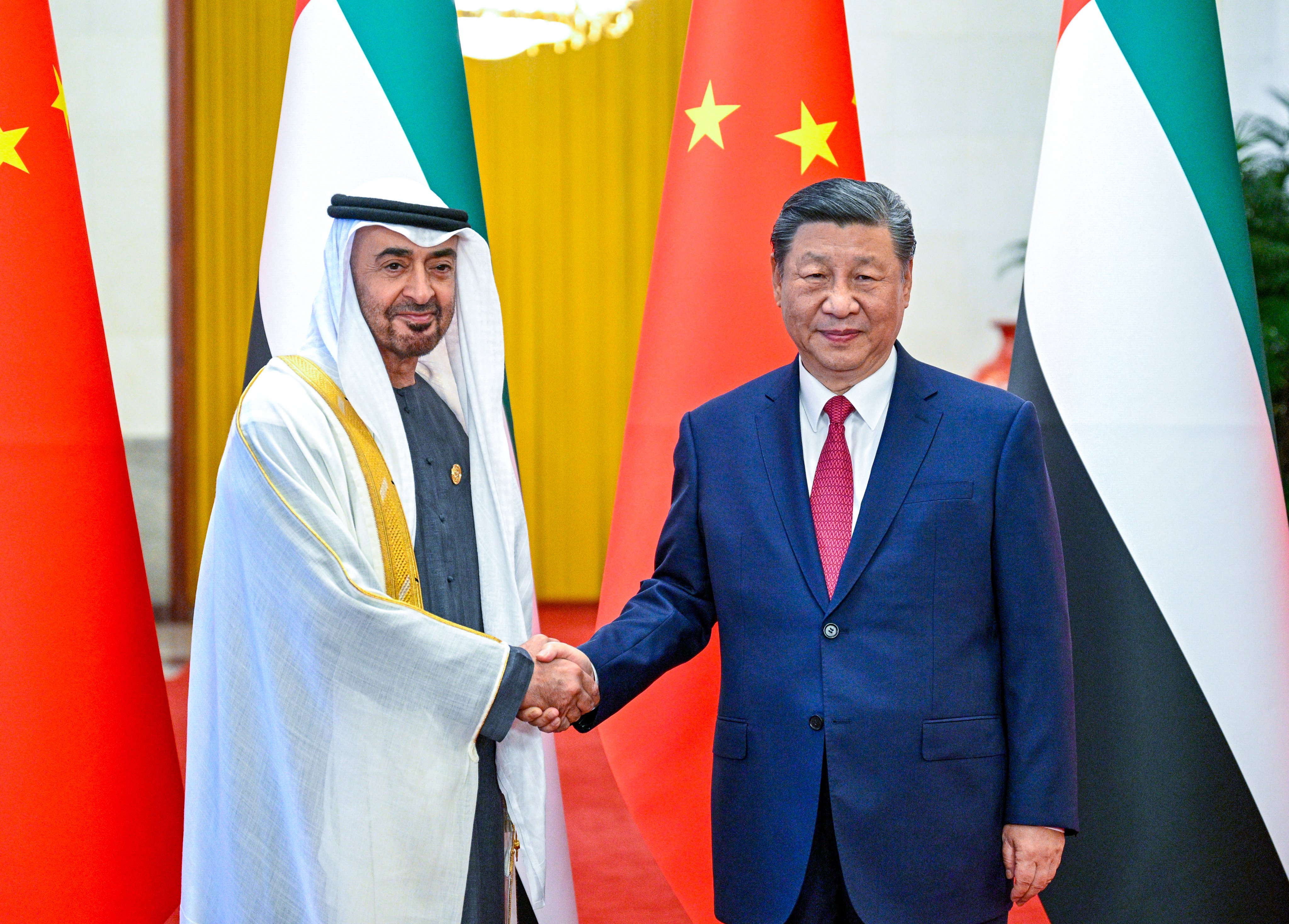 The UAE’s President Sheikh Mohamed bin Zayed Al Nahyan (left) and his Chinese counterpart Xi Jinping in Beijing on Thursday. Photo: Xinhua