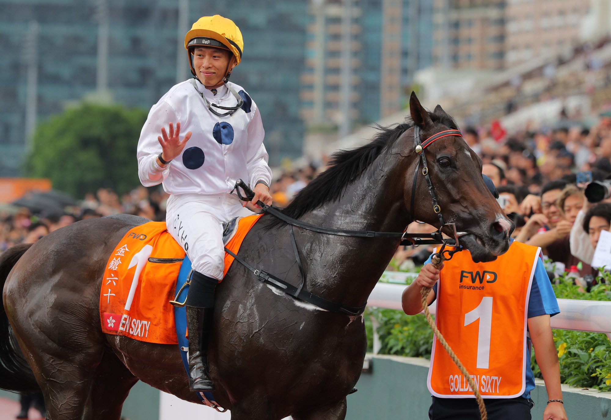 Vincent Ho greets the crowd after Golden Sixty’s fourth in the Champions Mile.