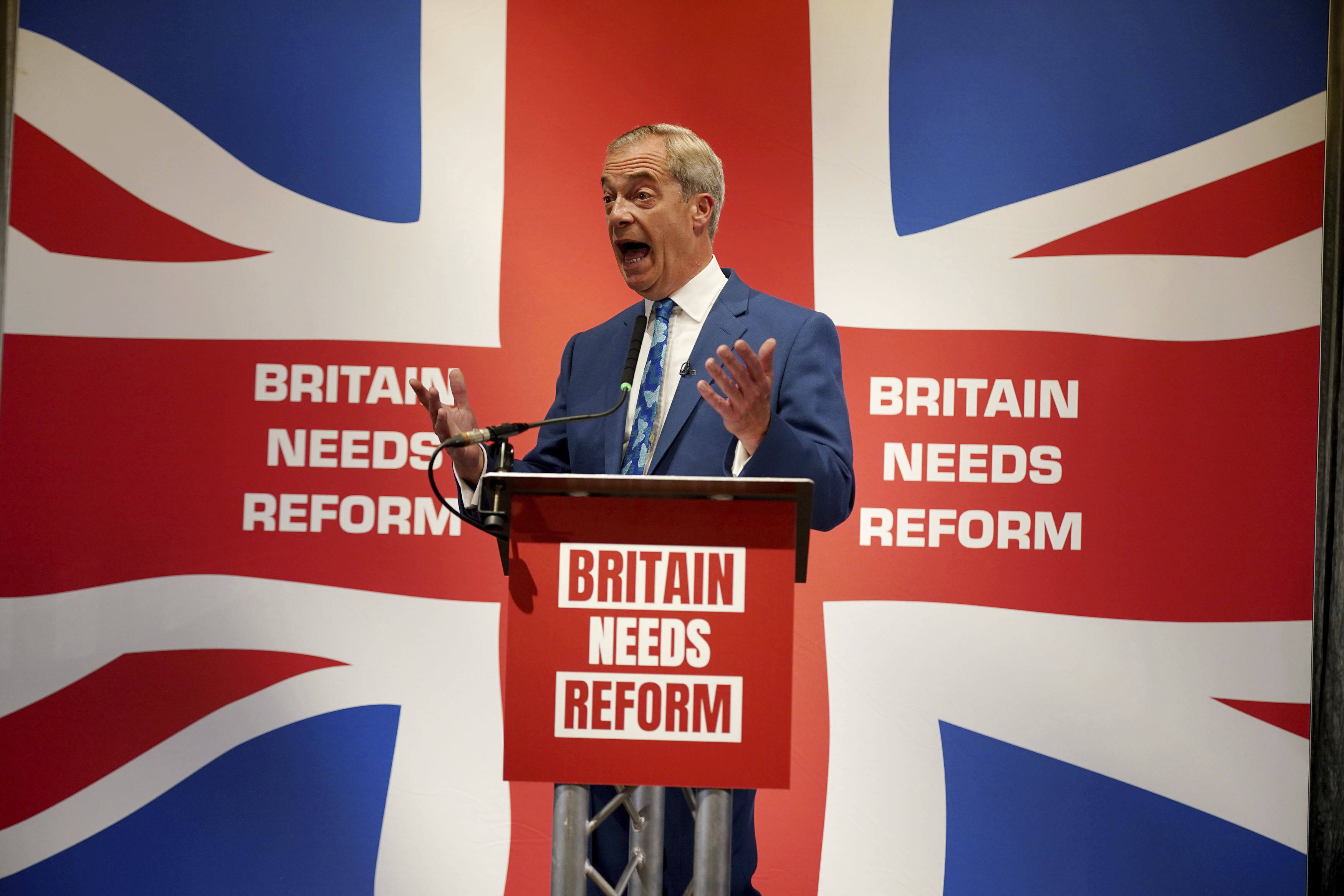 Nigel Farage during a press conference in London on Monday. Photo: AP