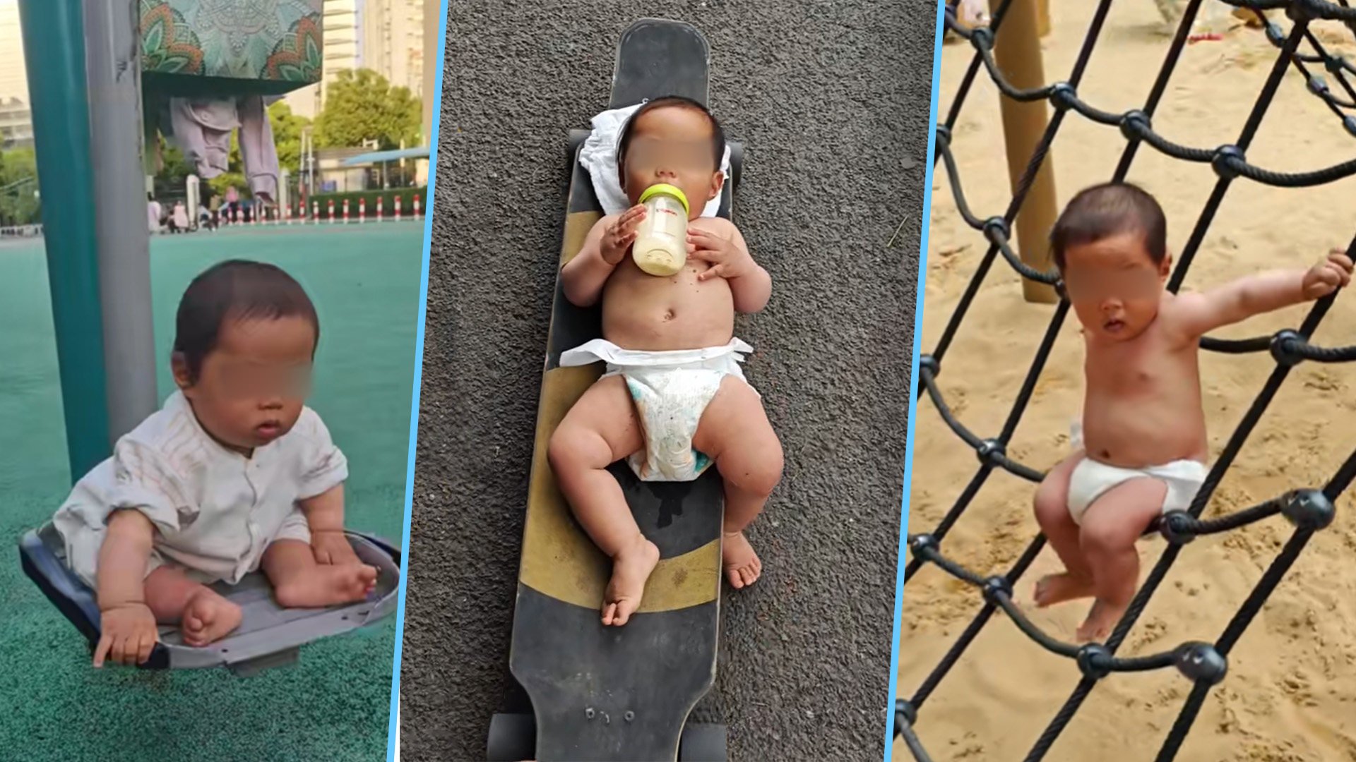 A parenting KOL in China who uses rough and ready training to teach physical fitness to his seven-month-old baby son has faced criticism online for his methods. Photo: SCMP composite/Douyin