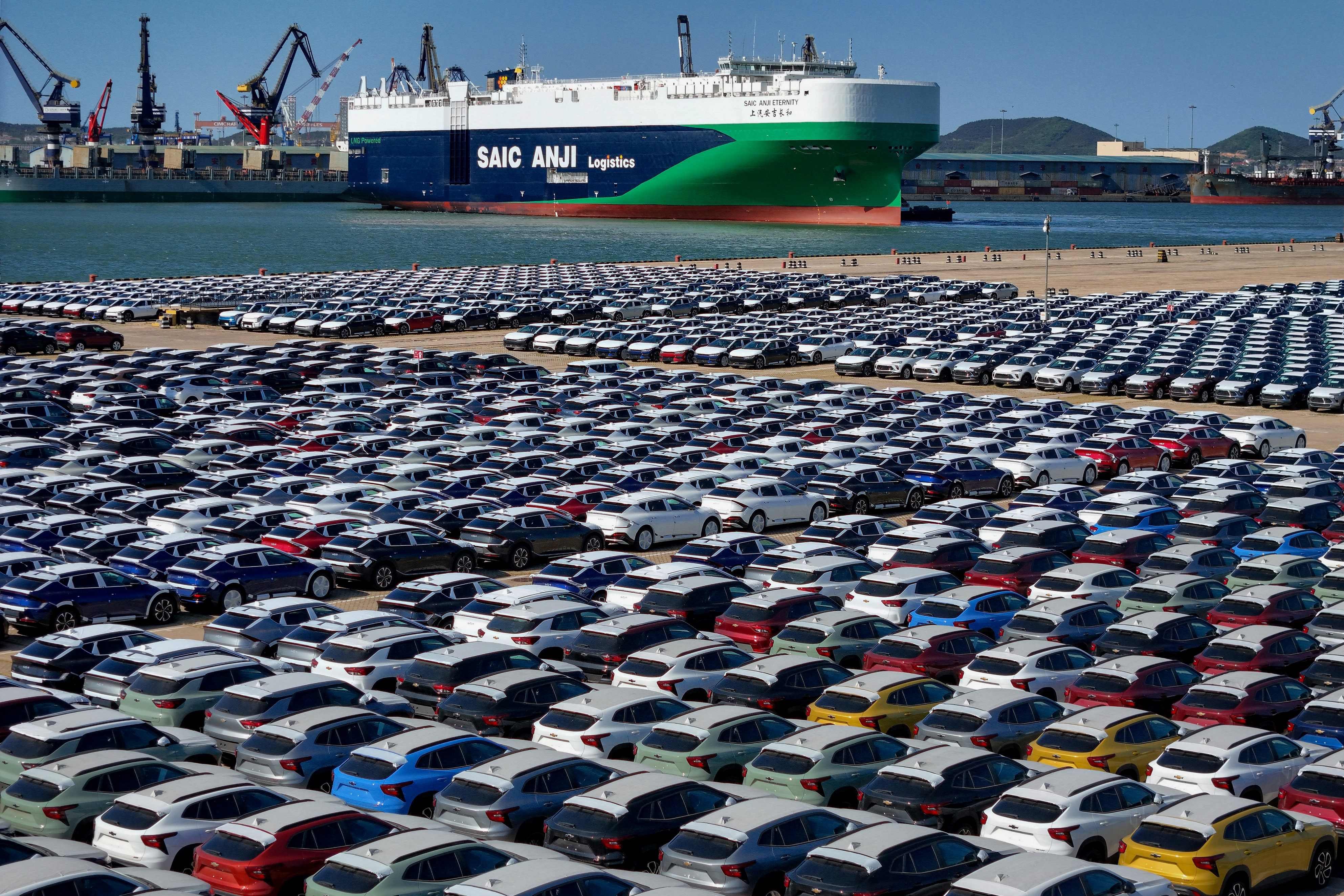 Cars for export wait to be loaded on the SAIC Anji Eternity, a domestically manufactured vessel intended to export Chinese automobiles, at Yantai port in eastern China’s Shandong province. Photo: AFP