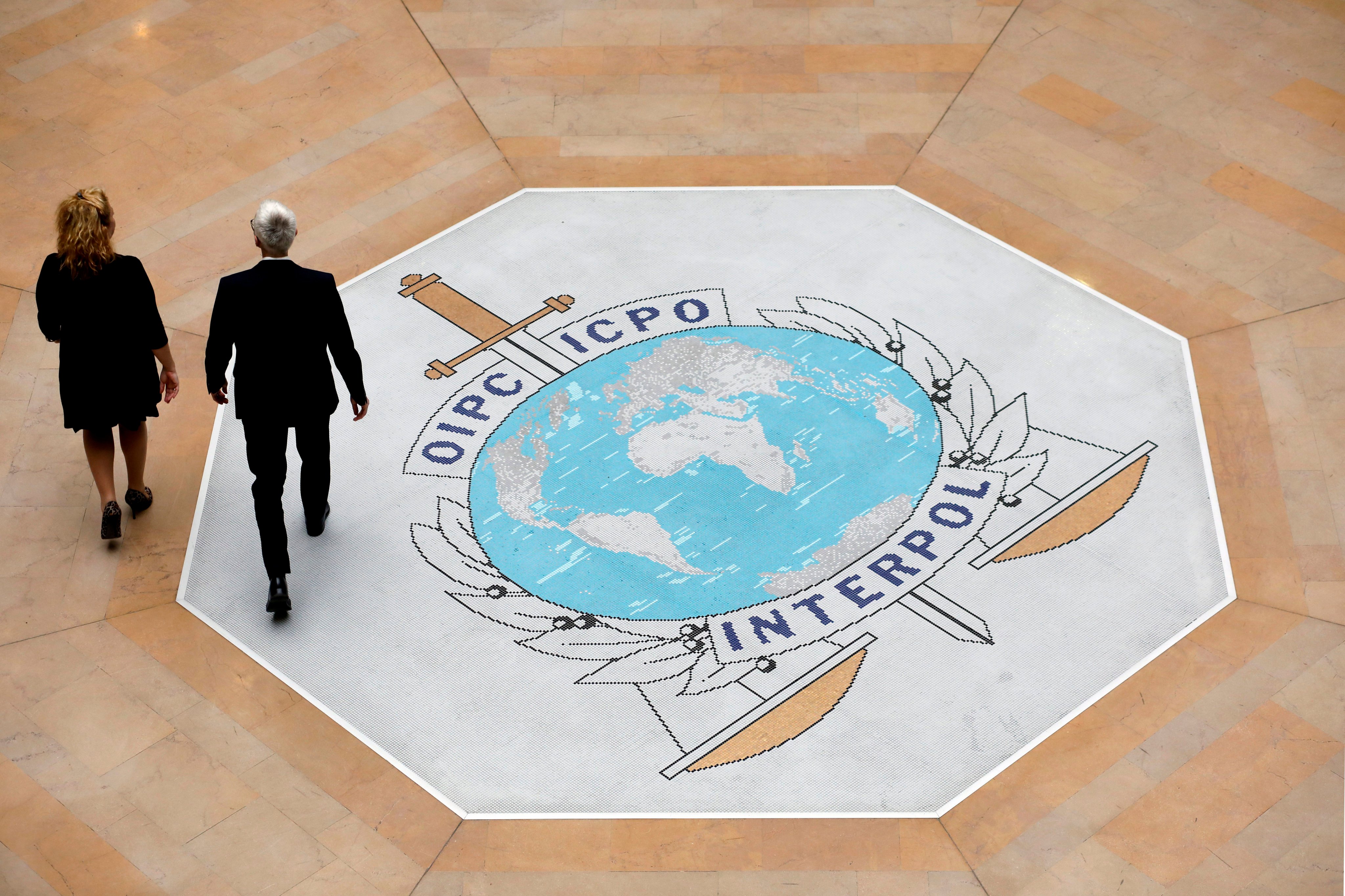 The Interpol logo at the international police agency headquarters in Lyon, central France. File photo: AP