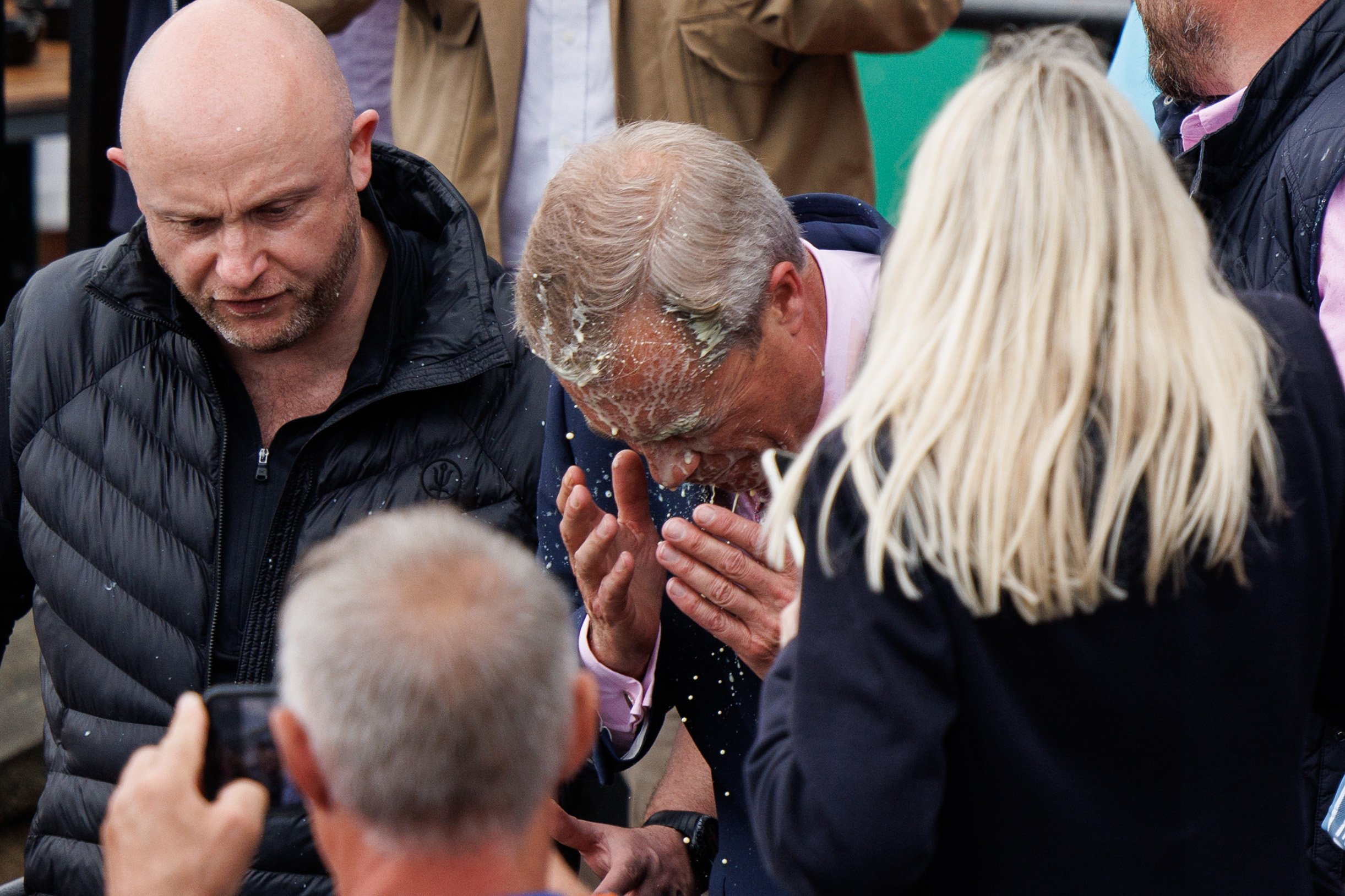 Reform UK leader Nigel Farage after he was hit by a milkshake during a campaign event in Clacton-on-Sea, Essex, on Tuesday. Photo: EPA-EFE