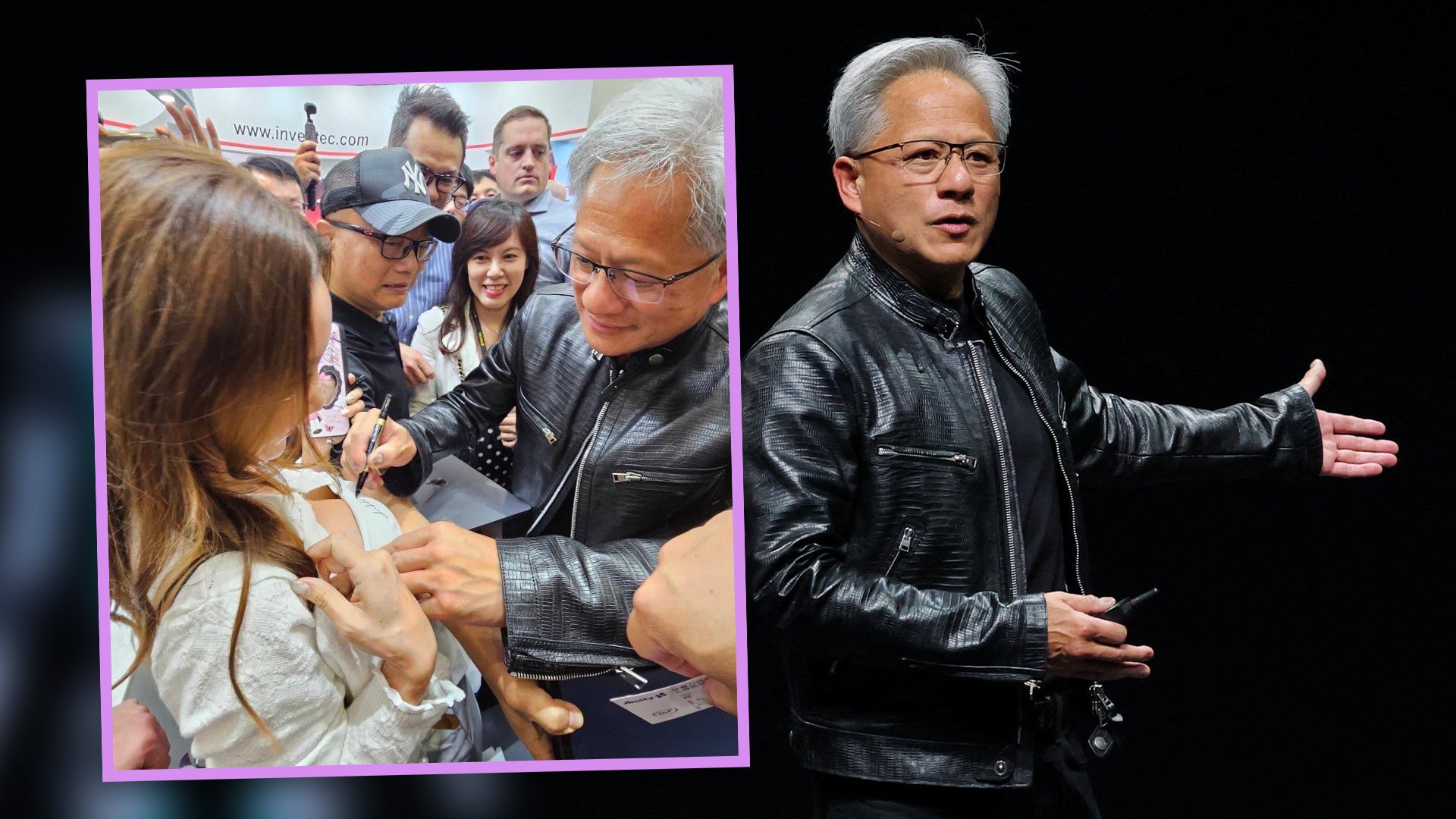 High-profile Nvidia CEO Jensen Huang has sparked an online and media frenzy by signing his name on the tight-fitting top of a woman at a tech expo in Taiwan. Photo: SCMP composite/X.com/Reuters