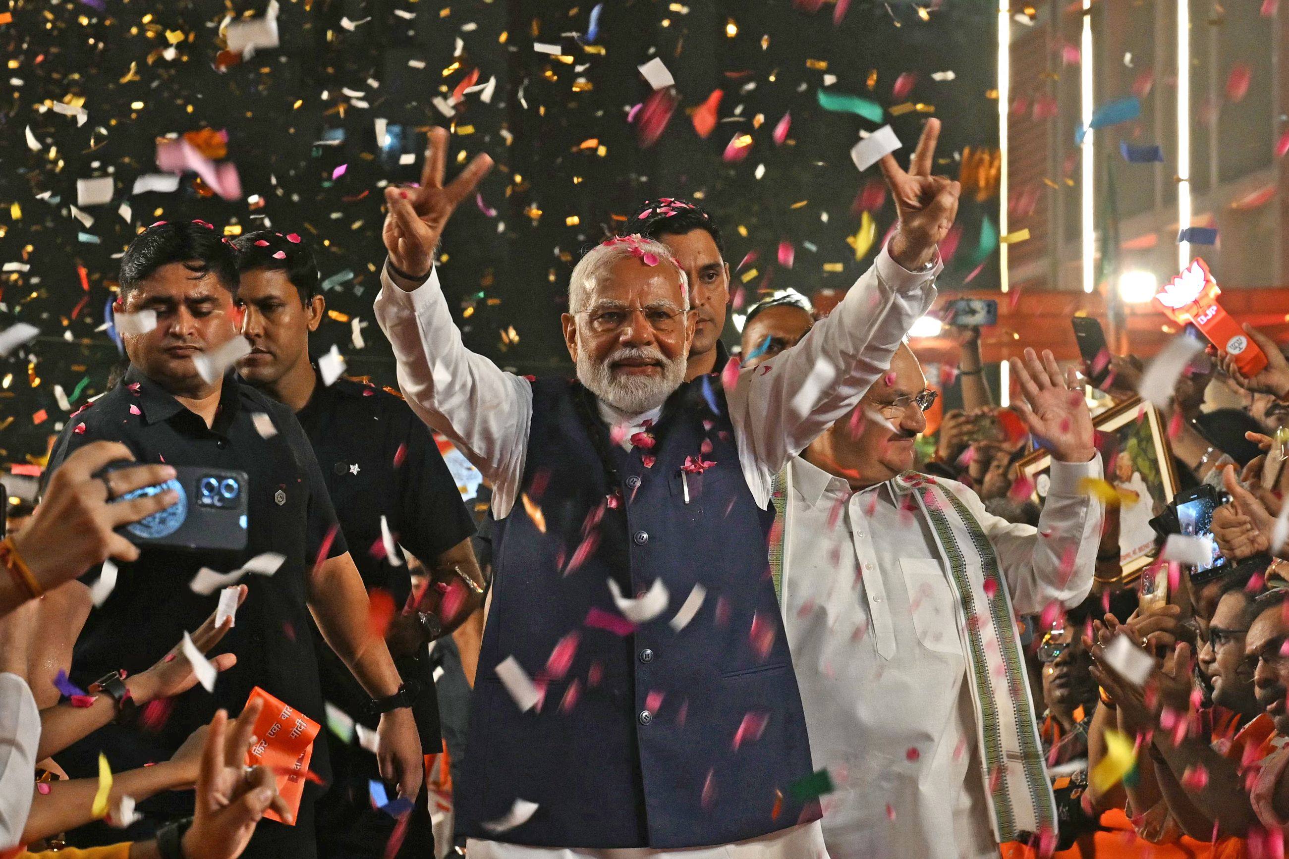 Indian Prime Minister Narendra Modi arrives at the Bharatiya Janata Party headquarters in New Delhi to celebrate the party’s win in the general election, on June 4. Photo: AFP