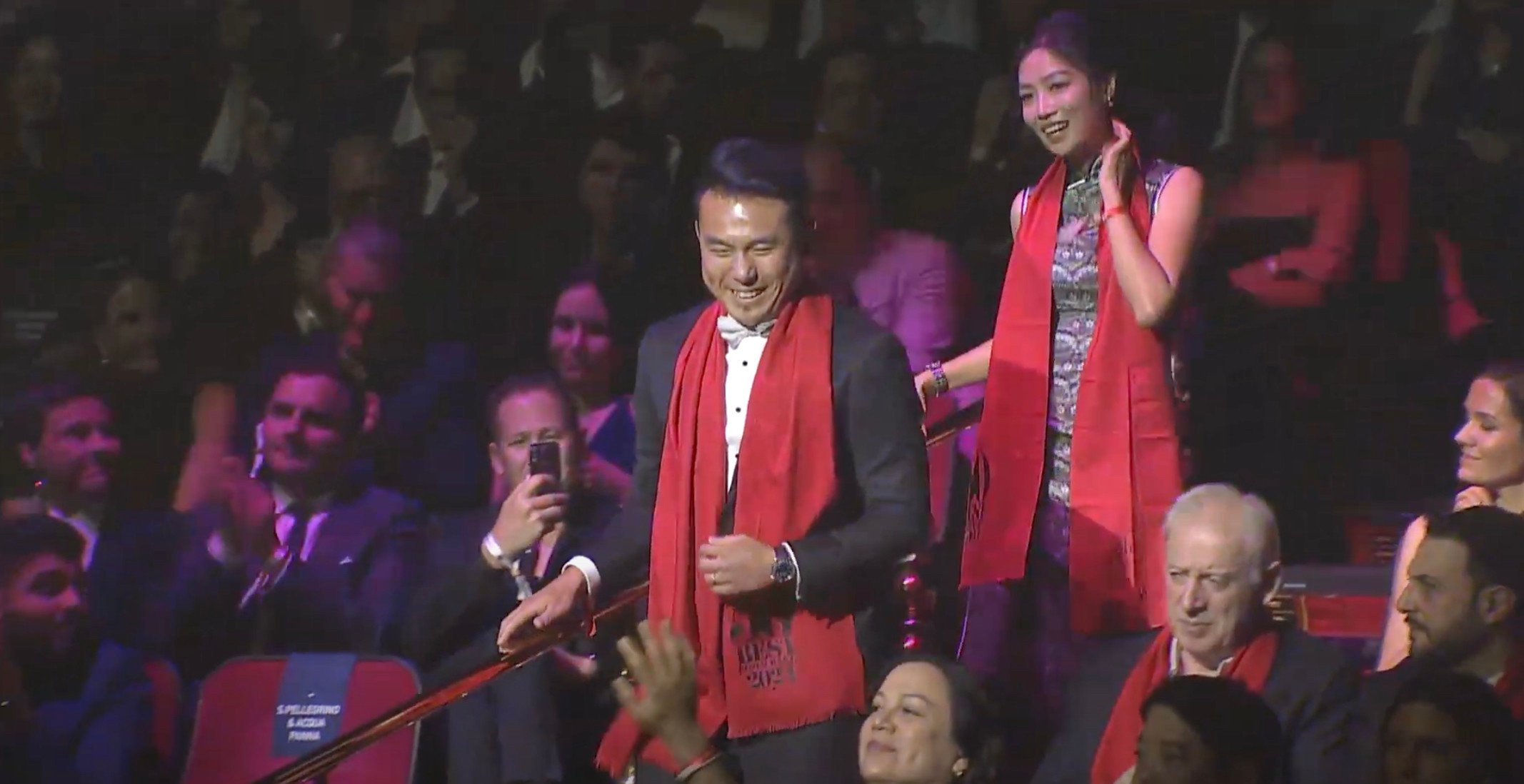 Chef Vicky Cheng and Polly Cheng make their way to the stage of the Encore Theatre in Las Vegas to accept the World’s 50 Best Restaurants Highest New Entry award for Wing in Hong Kong. Photo: YouTube/worlds50best