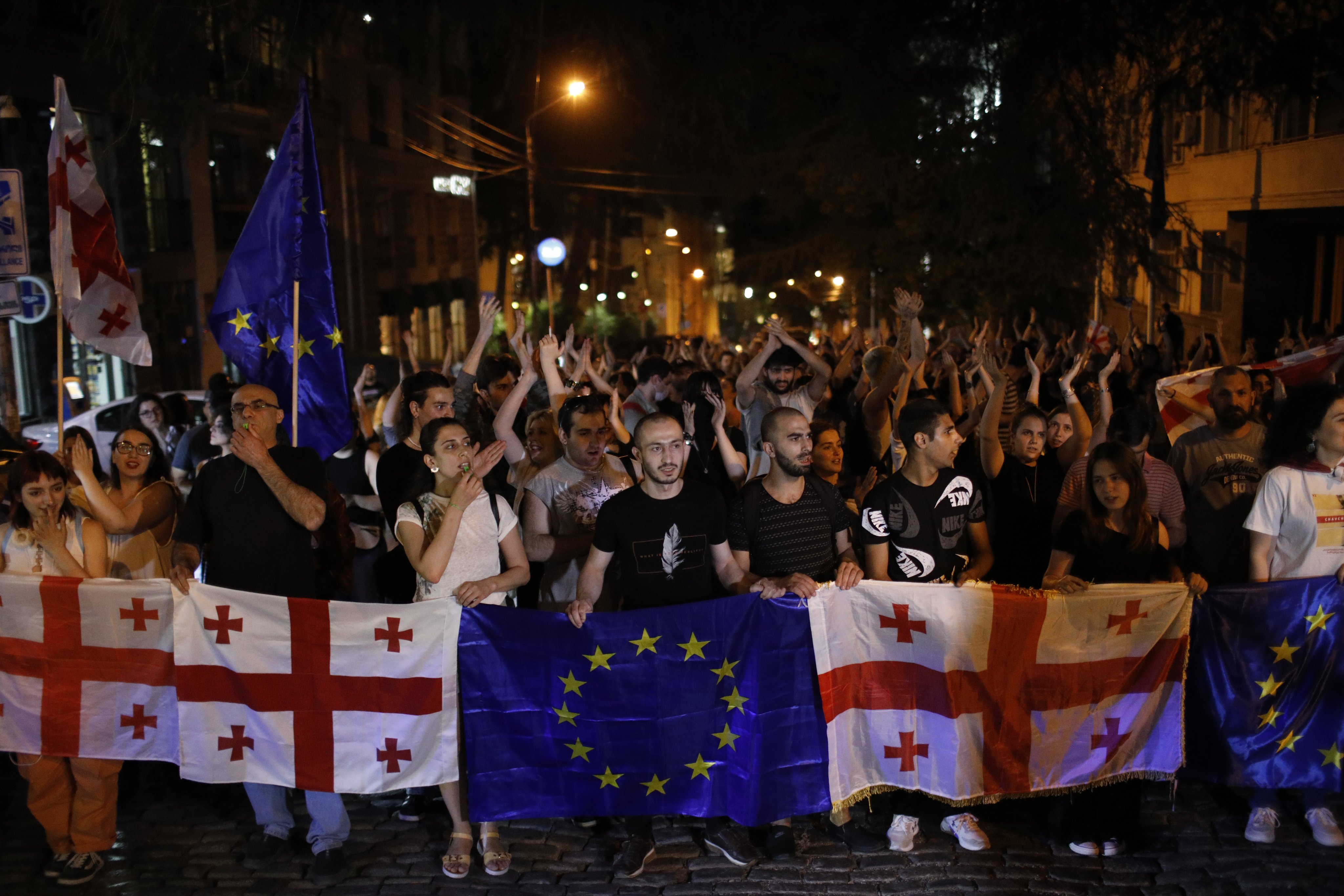 Students protest against the ‘foreign agents’ law in Tbilisi, Georgia on Wednesday. Photo: EPA-EFE